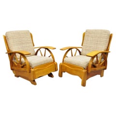 Retro Maple Wagon Wheel Western Ranch Lounge Chair and Platform Rocker - Pair