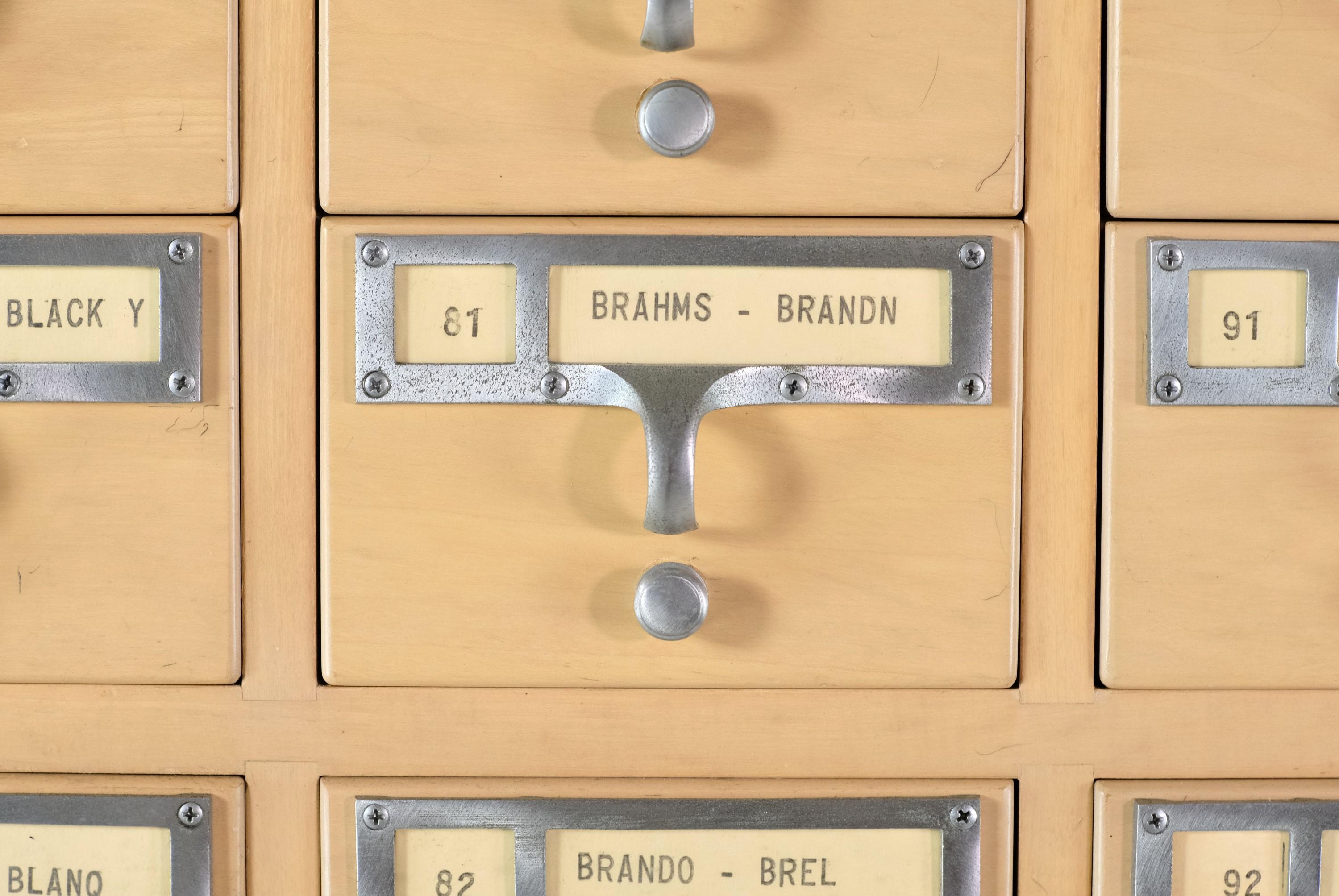 Vintage Maple Wood Card Catalog 72 Drawers w/ Nickel Pulls For