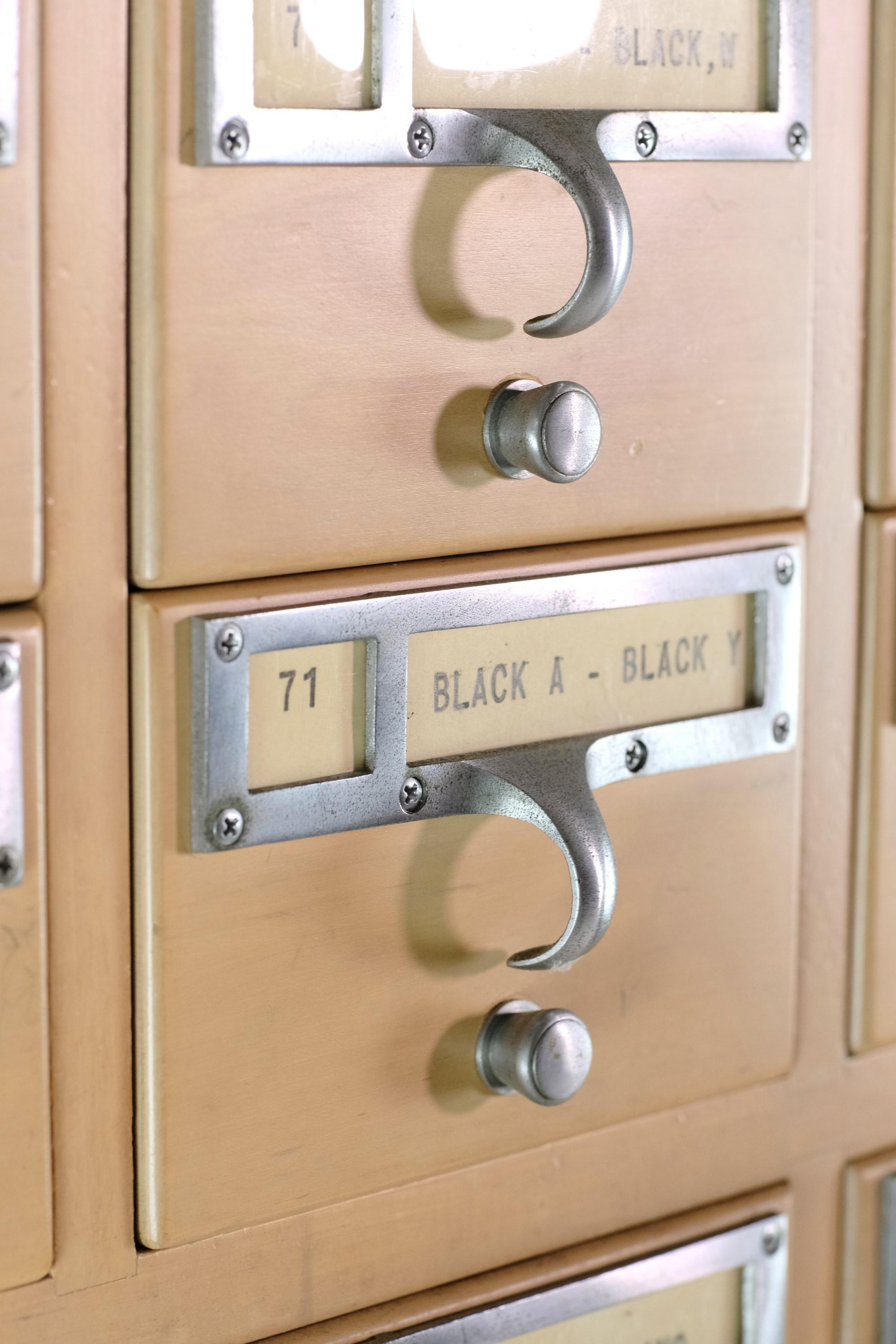 Vintage Maple Wood Card Catalog 72 Drawers w/ Nickel Pulls For