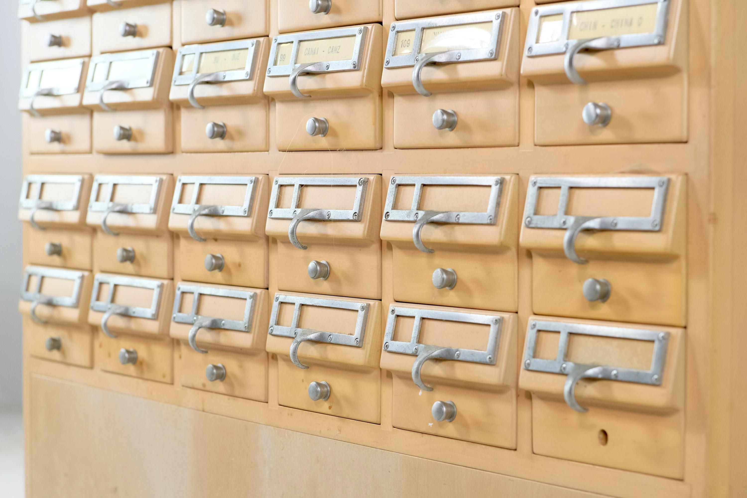 Vintage Maple Wood Card Catalog 72 Drawers w/ Nickel Pulls For