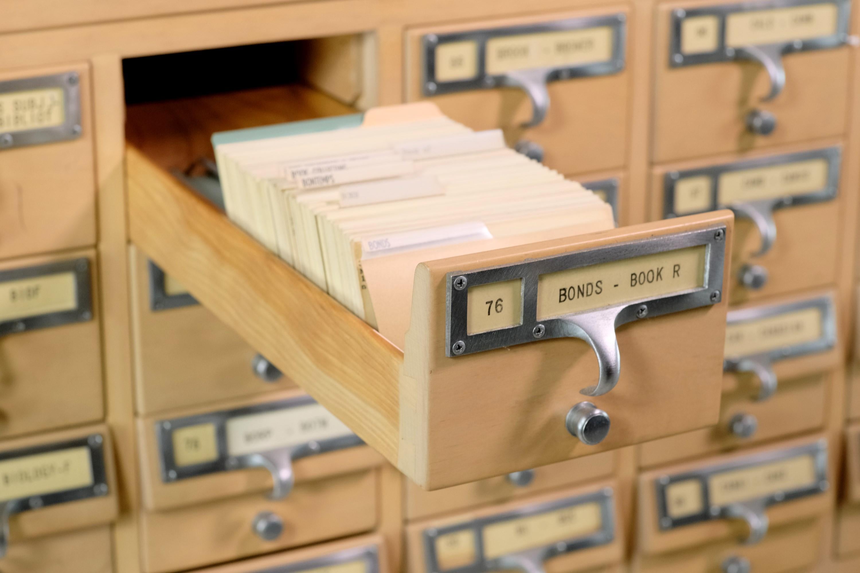 Vintage Maple Wood Card Catalog 72 Drawers w/ Nickel Pulls For