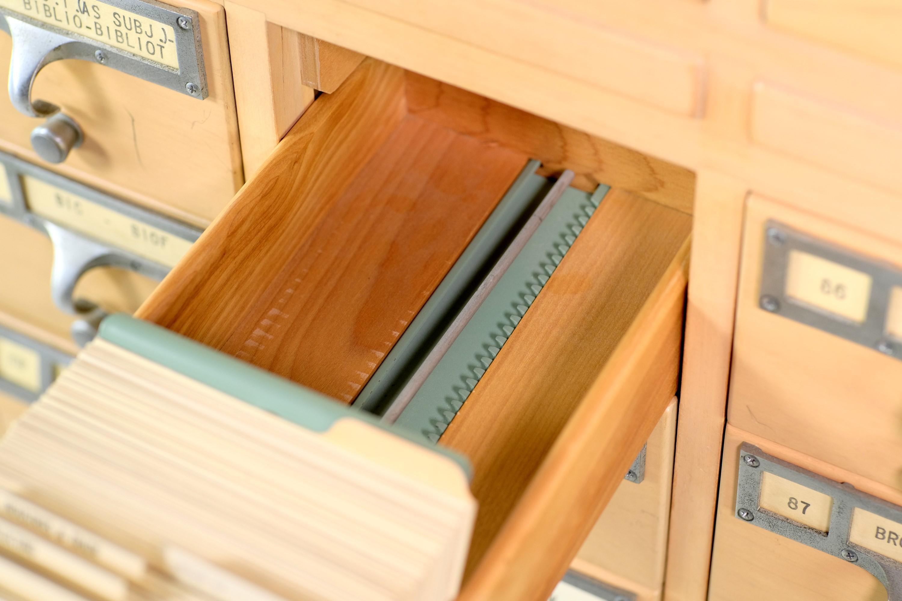 Vintage Maple Wood Card Catalog 72 Drawers w/ Nickel Pulls For