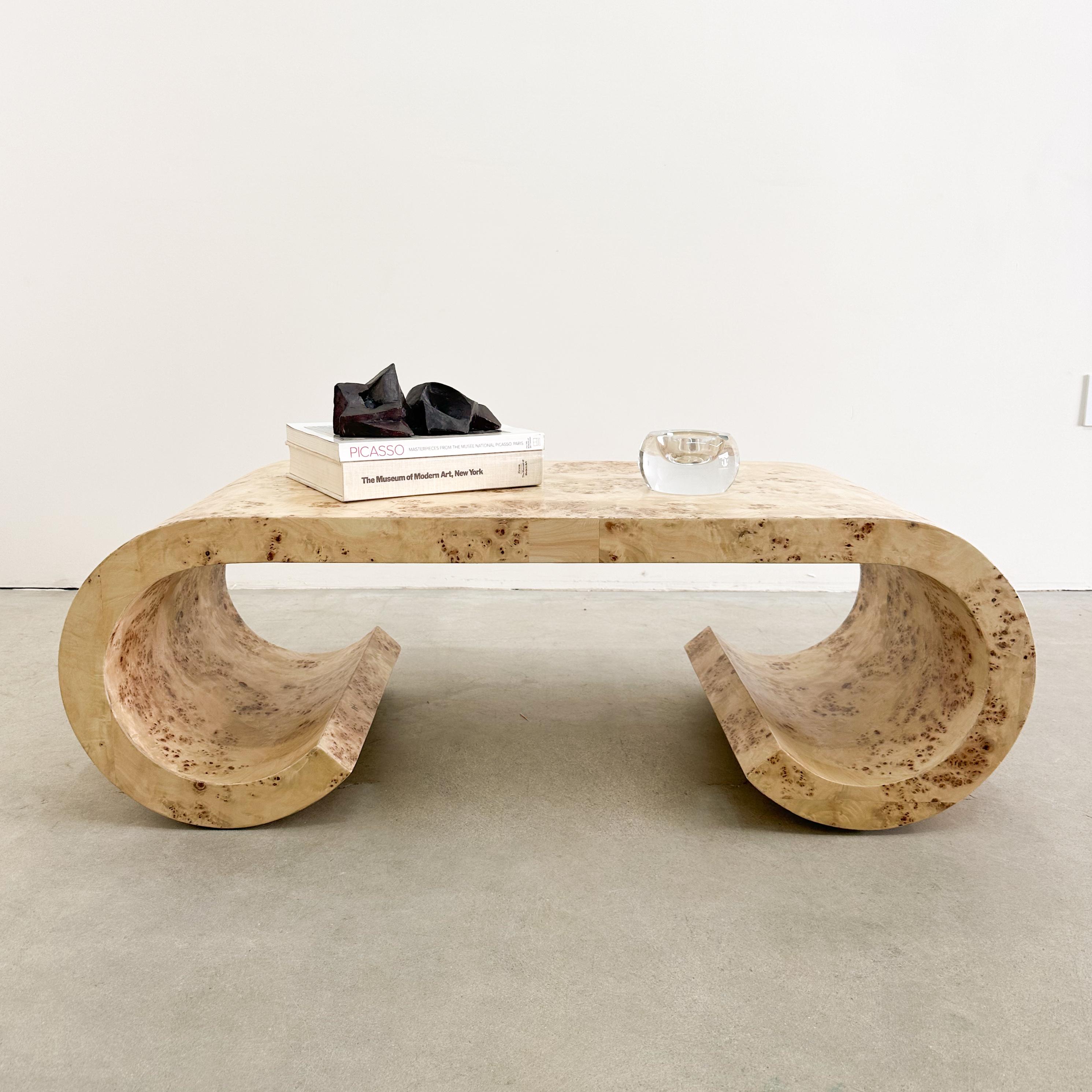 Vintage Mappa Burl Wood Coffee Table. 

The table is crafted from wood and mappa burl. It has no signatures or markings, but it could be a design by Karl Springer or Tommaso Barbi.

Color: Mappa Burl Wood 

Overall Measurements:
Length: 47 1/2