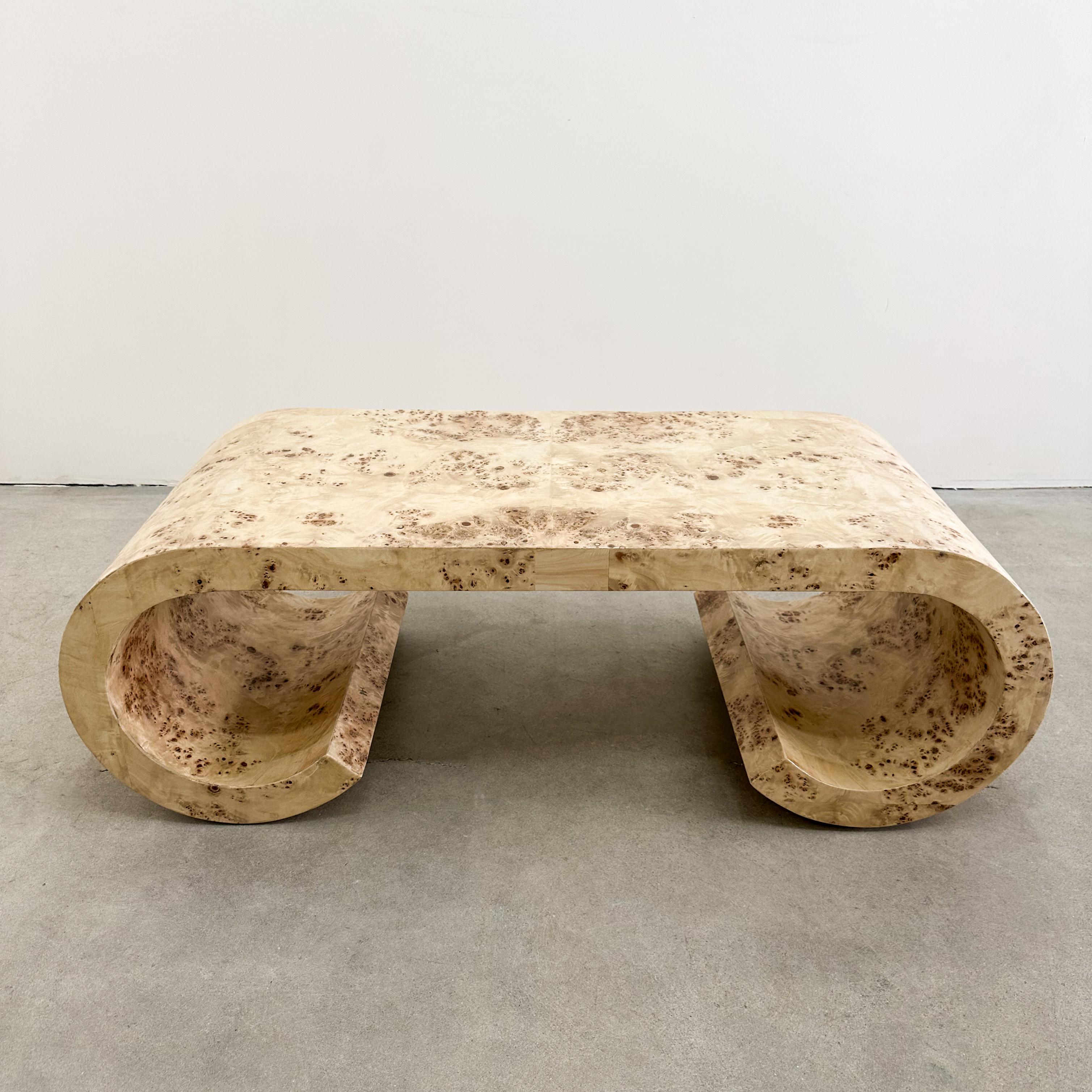 Vintage Mappa Burl Wood Scroll Waterfall Coffee Table. MCM 70s In Good Condition In Palm Desert, CA