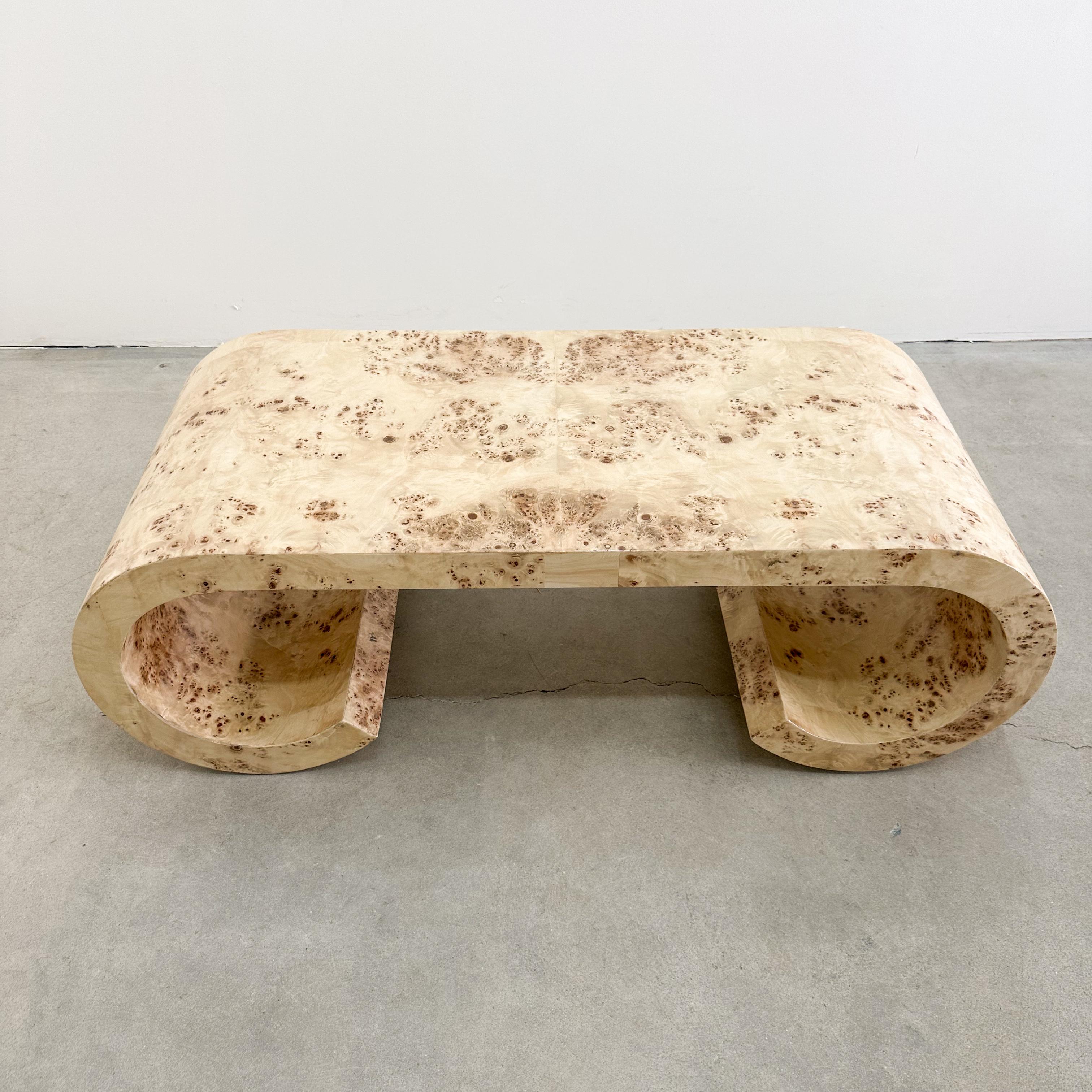 Late 20th Century Vintage Mappa Burl Wood Scroll Waterfall Coffee Table. MCM 70s