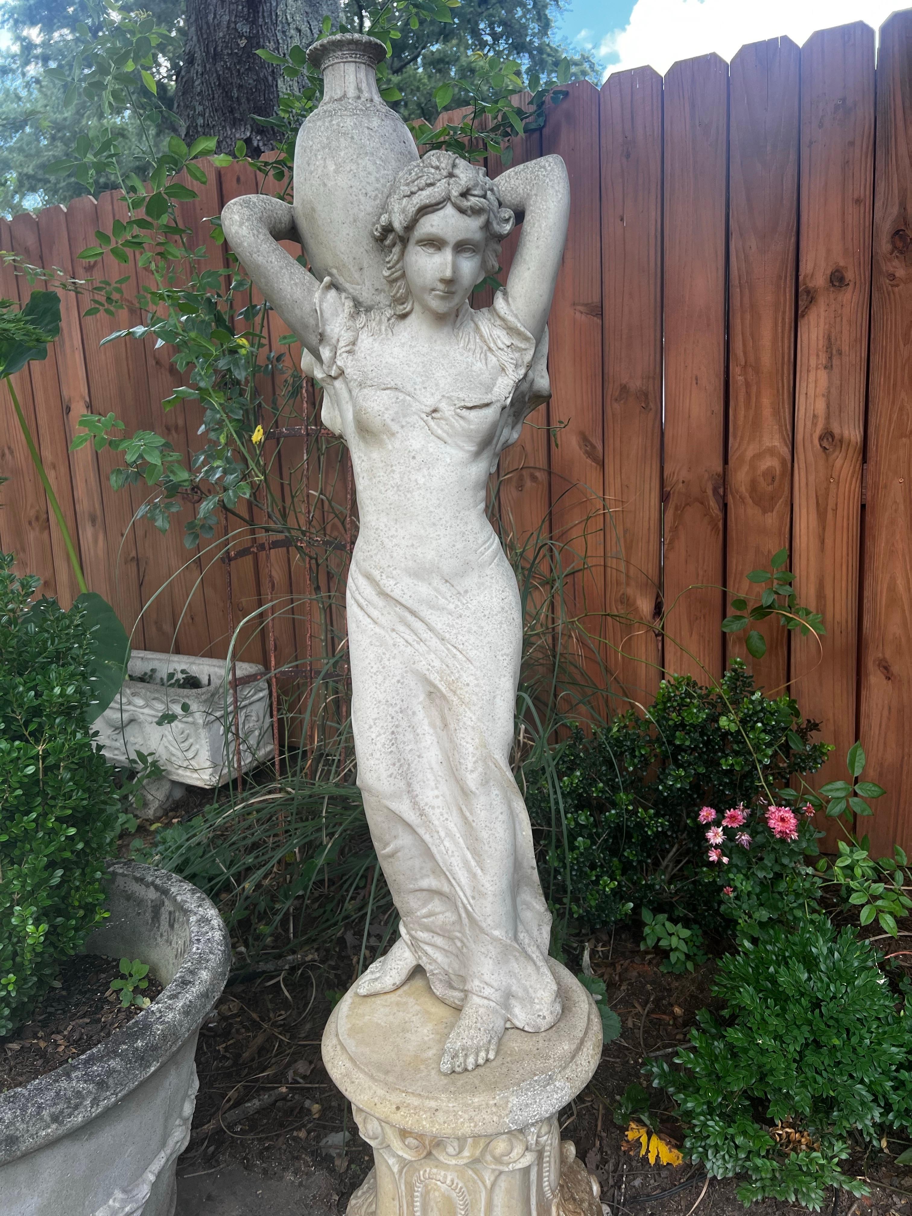 Vintage Marble/Alabaster Composite Goddess Venus Garden Statue on Pedestal In Good Condition For Sale In Los Angeles, CA