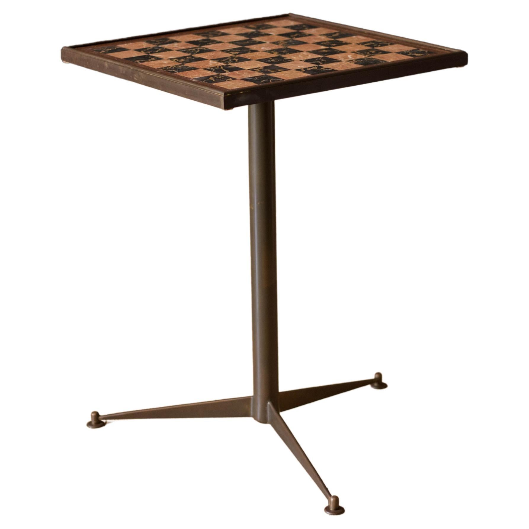 Vintage Marble and Brass Chess Game Cocktail End Table