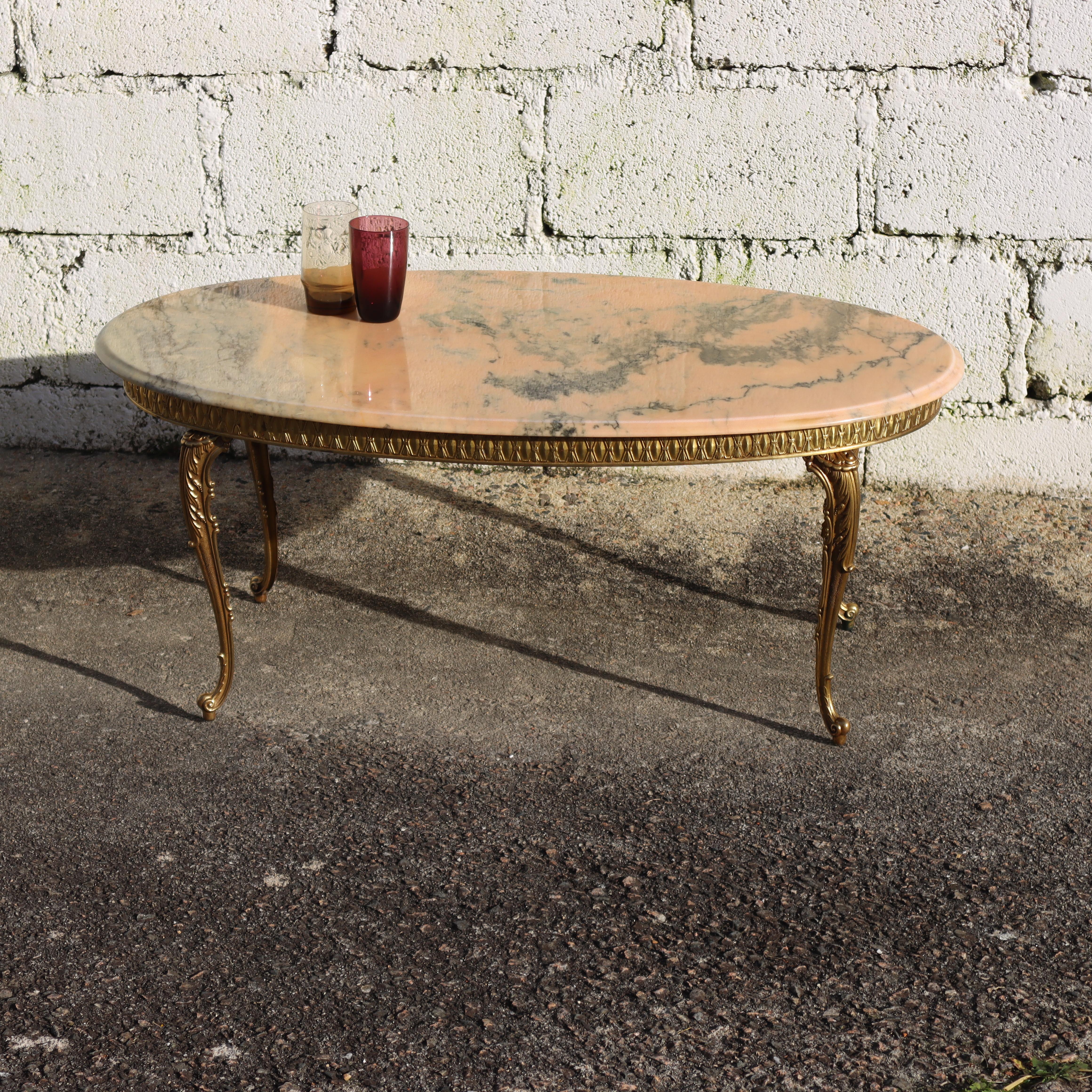 French Vintage Marble and Brass Coffee Table-Cocktail Table-Lounge-Table-Louis XV-60s