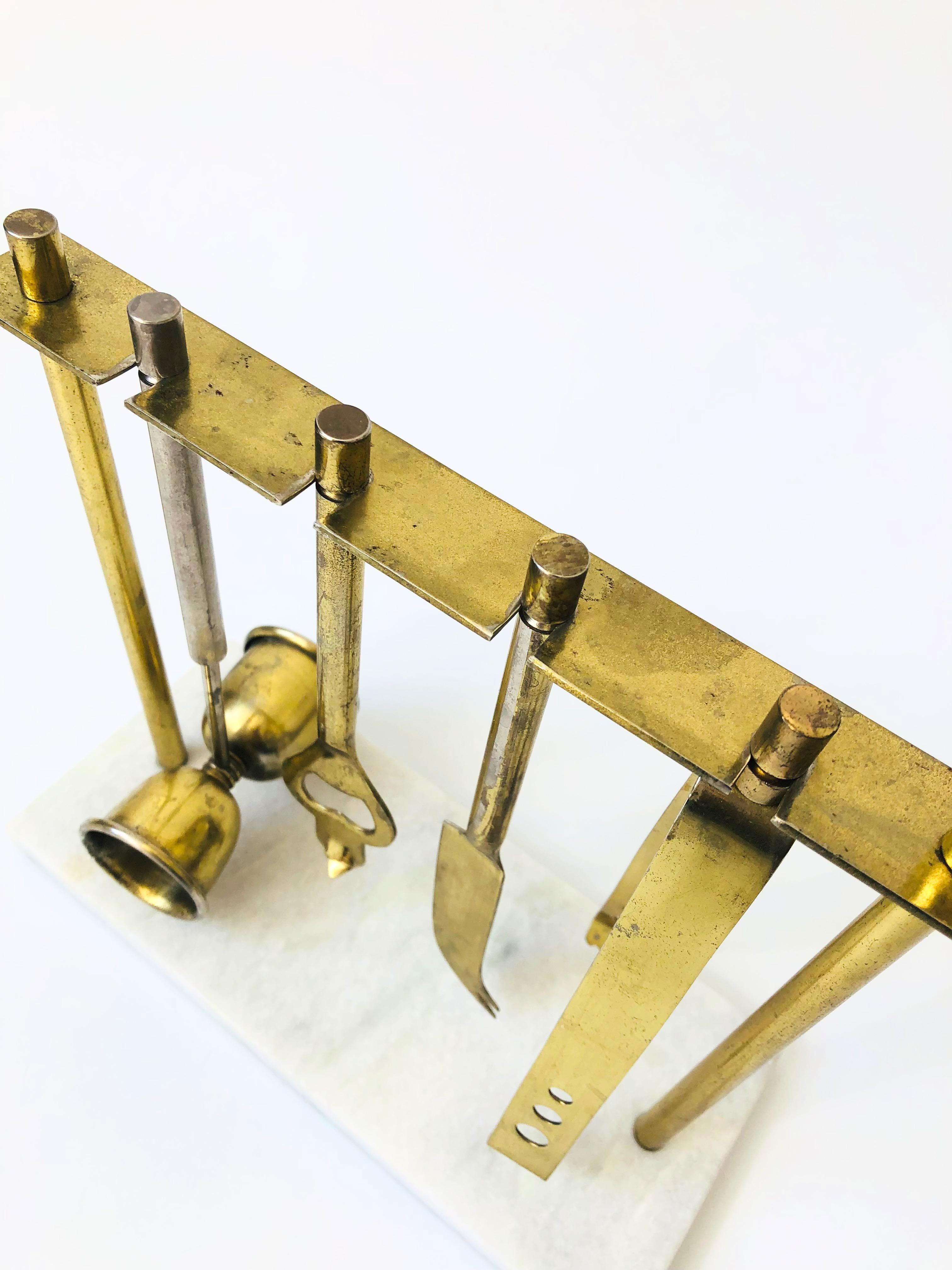 Vintage Marble and Brass Hanging Bar Tool Set In Fair Condition In Vallejo, CA