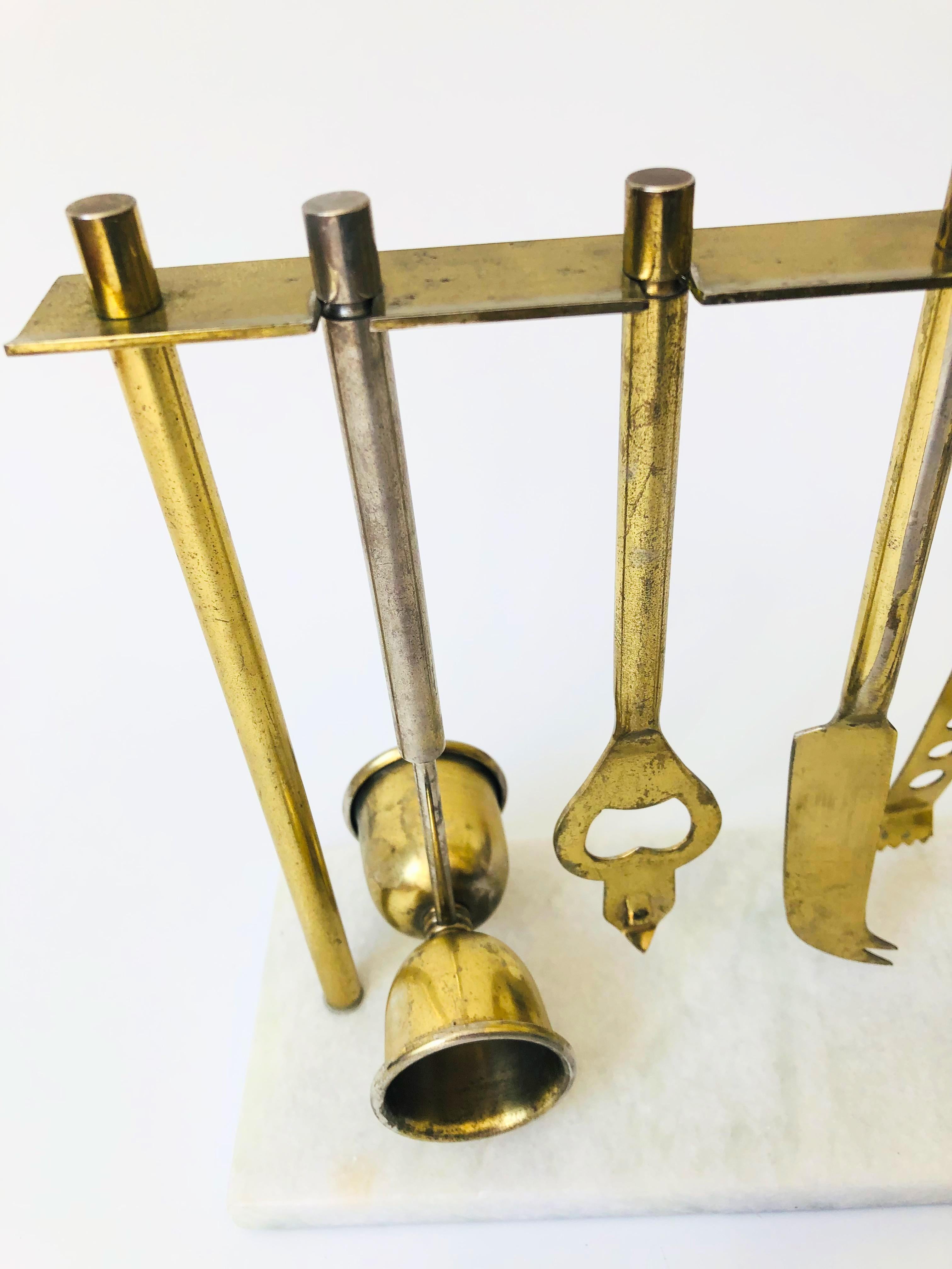 20th Century Vintage Marble and Brass Hanging Bar Tool Set