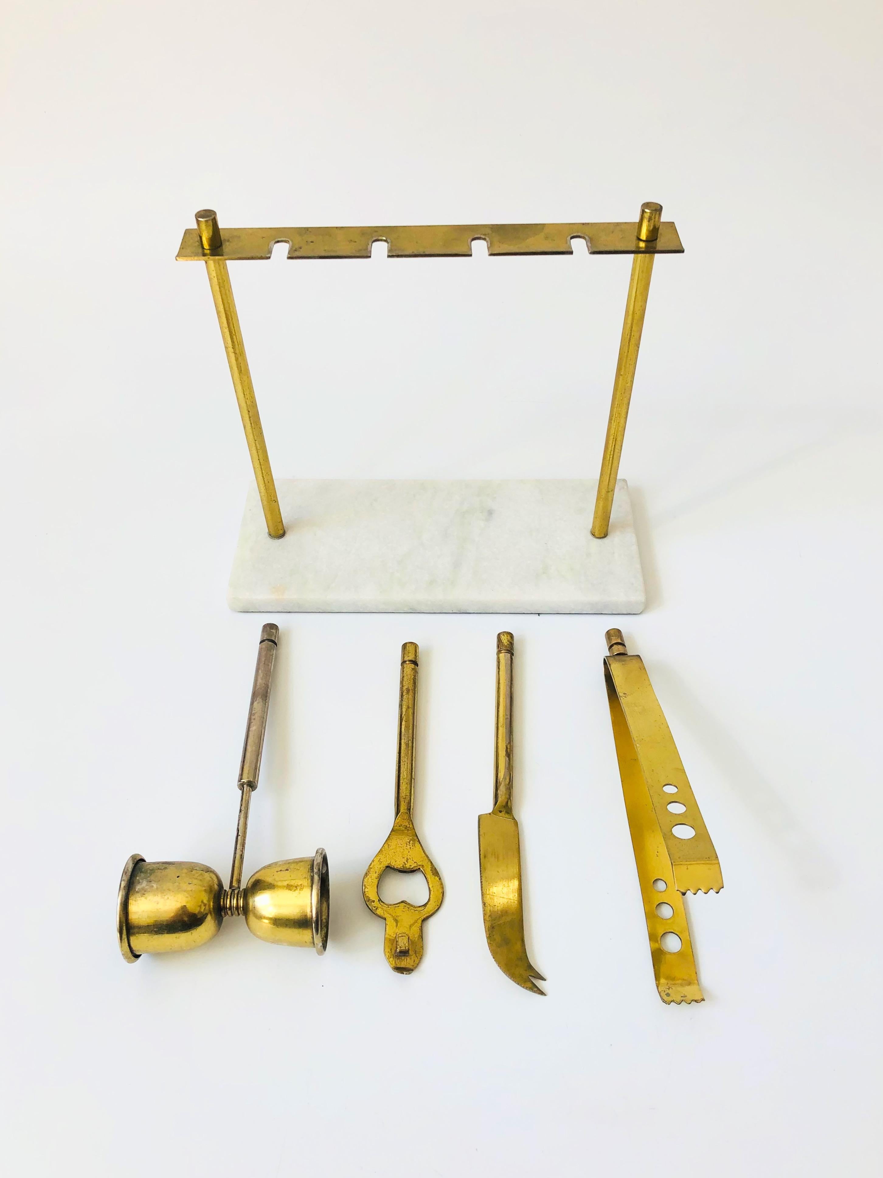Vintage Marble and Brass Hanging Bar Tool Set 1