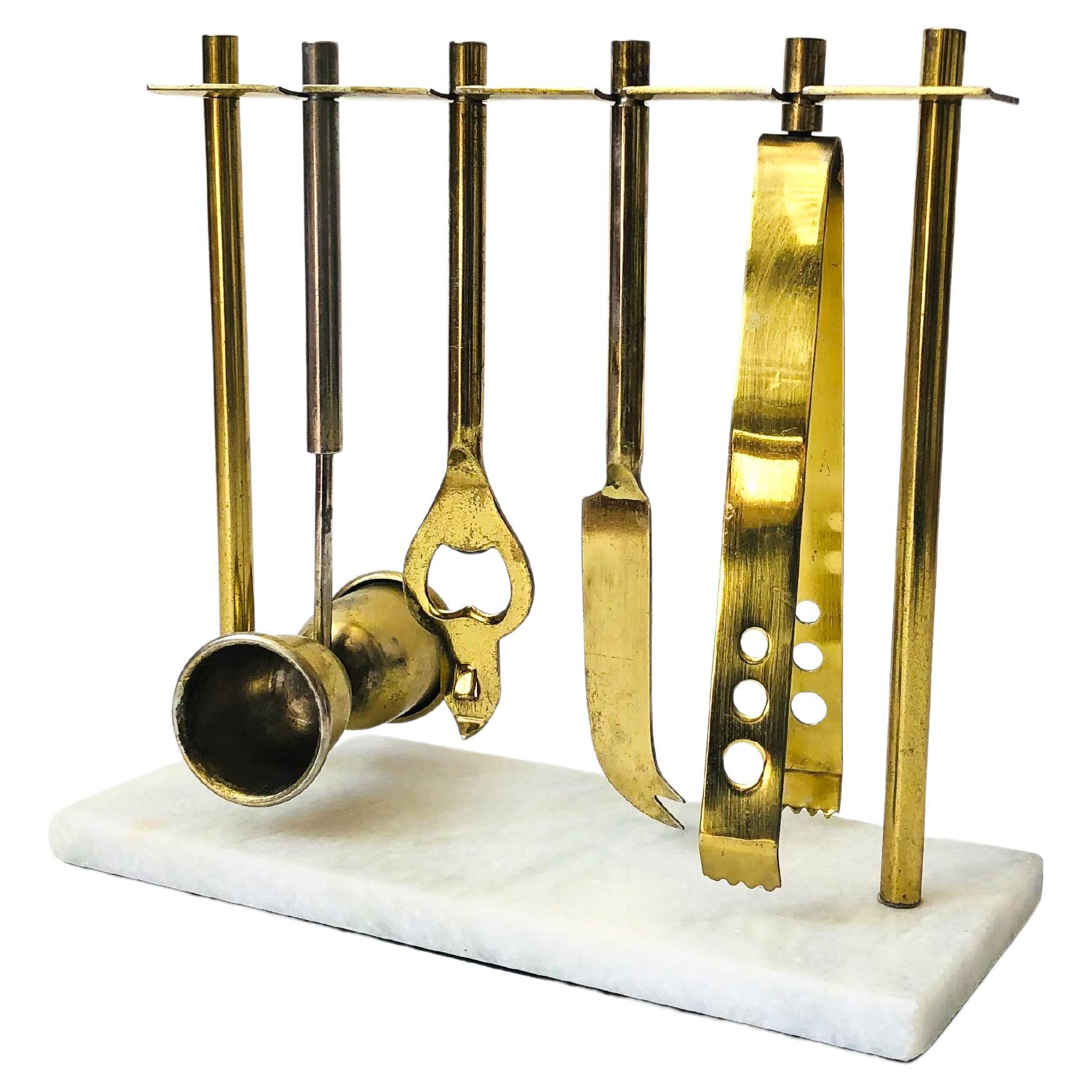 Vintage Marble and Brass Hanging Bar Tool Set