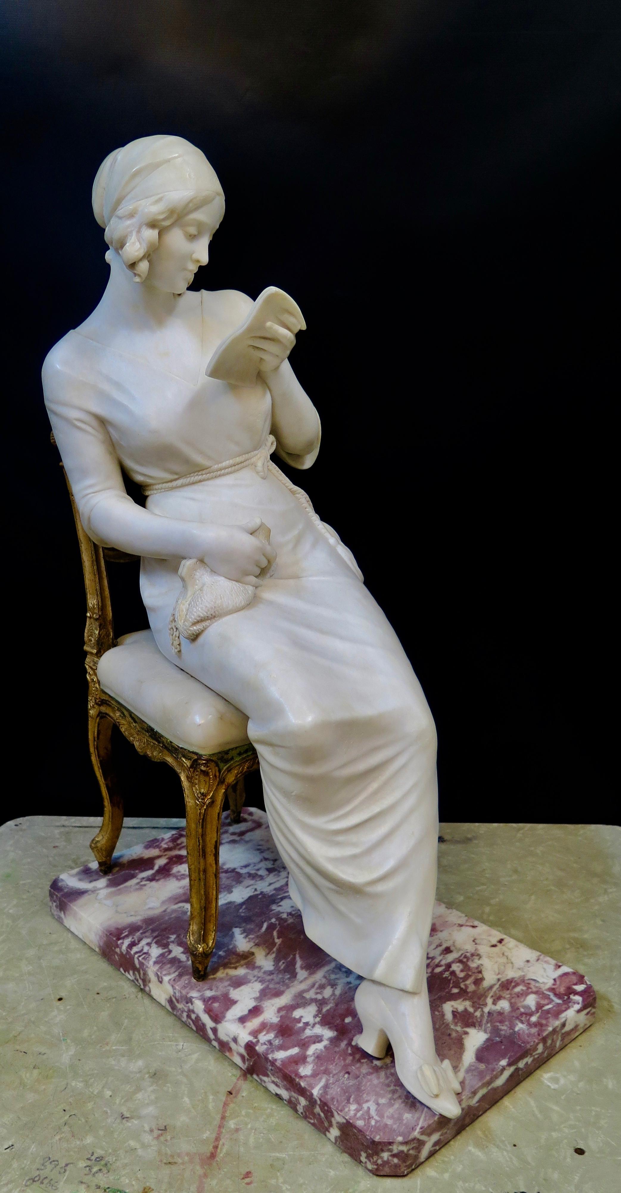 Art Nouveau Vintage Marble and Bronze Seated Lady Sculpture