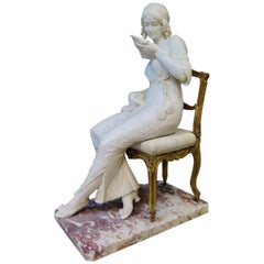 Vintage Marble and Bronze Seated Lady Sculpture