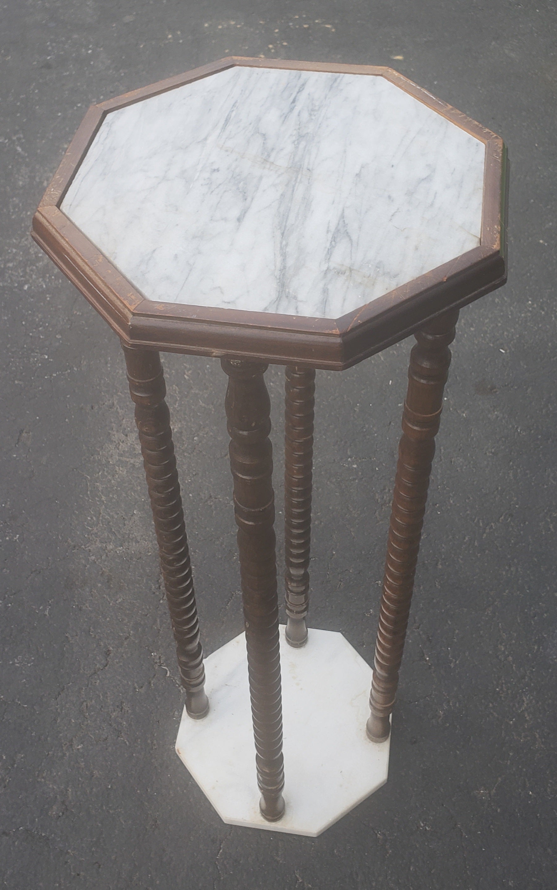 American Vintage Marble and Walnut Bobbin Turned Legs Stand For Sale