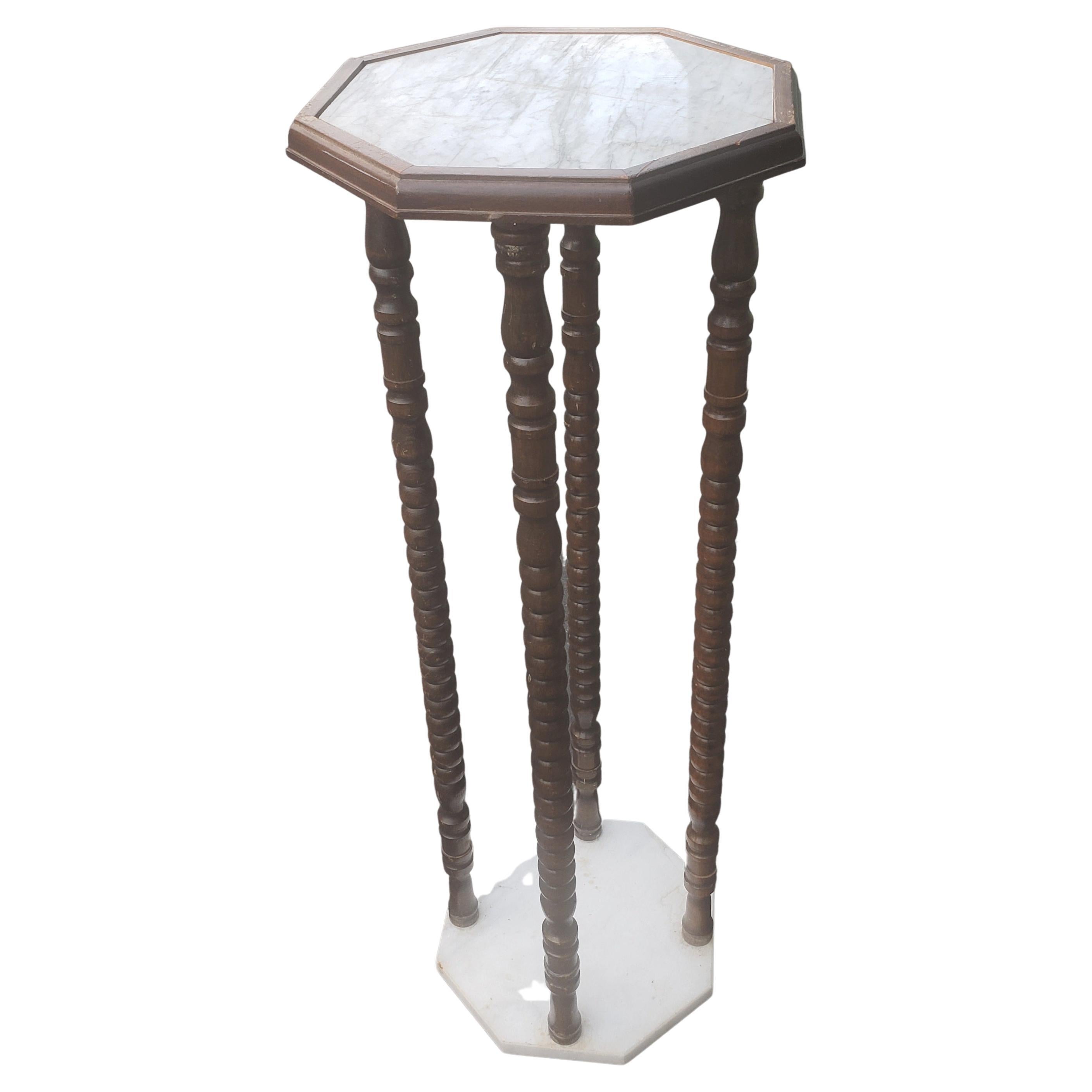 Vintage Marble and Walnut Bobbin Turned Legs Stand