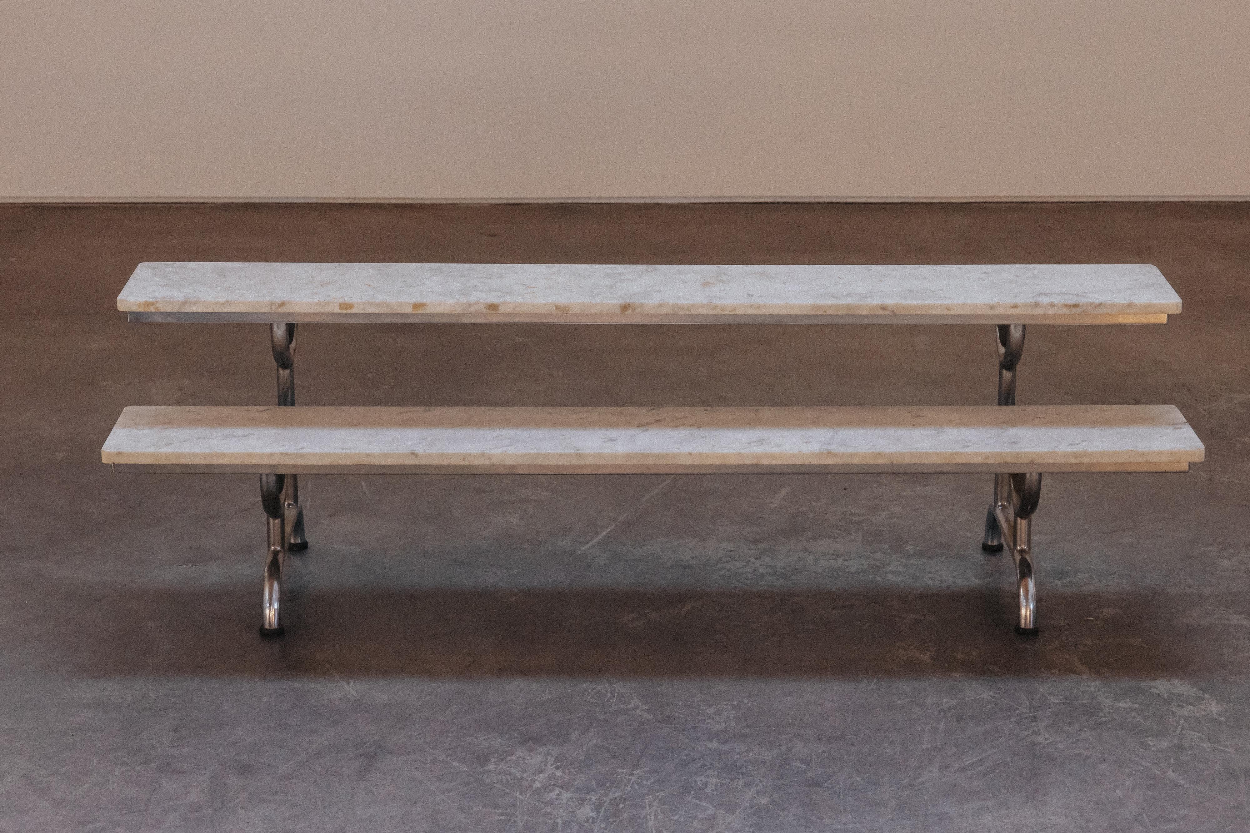 Vintage Marble Bakery Table From France, Circa 1950.  Two solid marble shelves resting on a tired chrome base.  Nice patina and use.