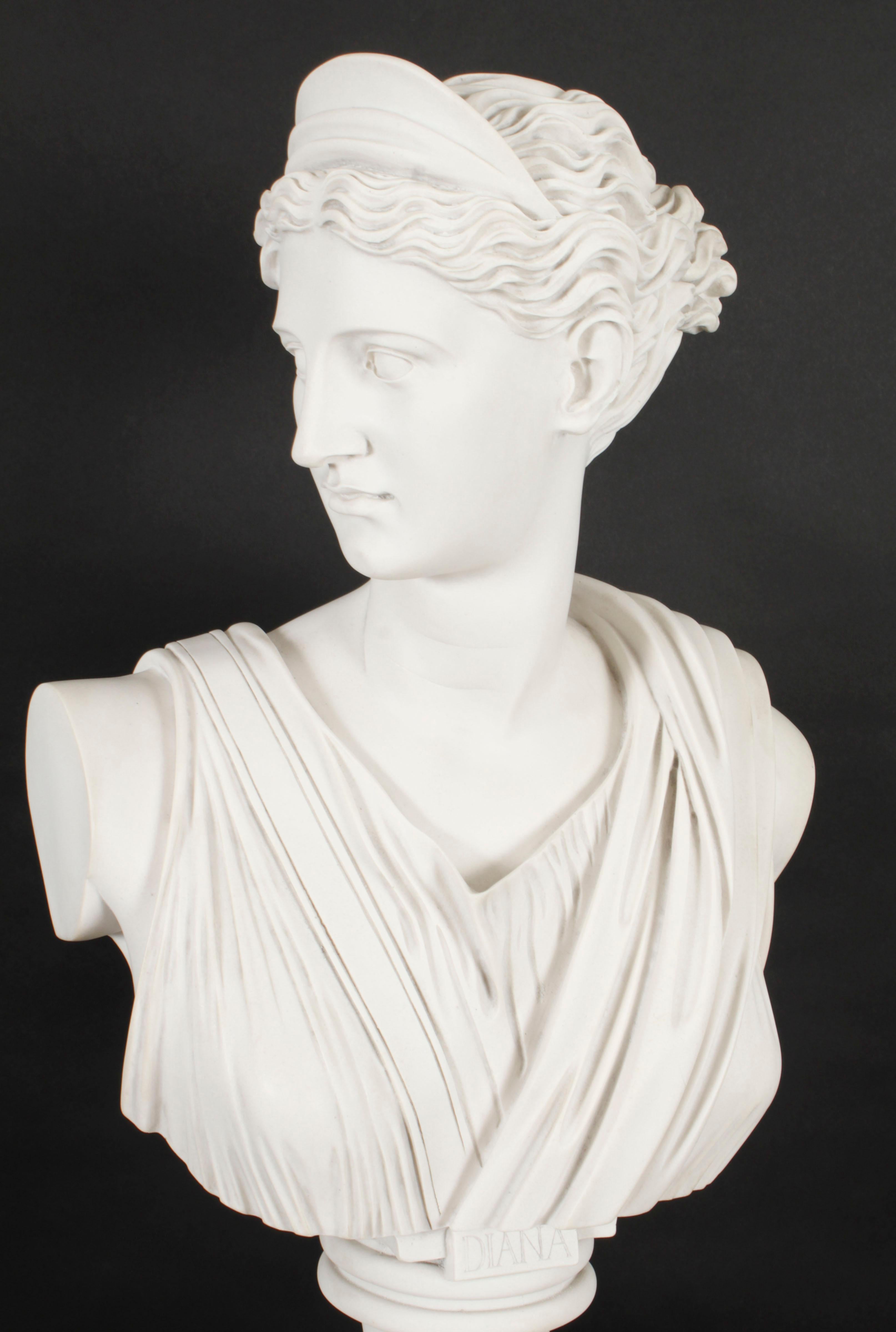 A beautiful vintage composite marble bust of the Roman goddess Diana, dating from the last quarter of the 20th century.

After the full size Roman marble copy which was after the ancient Greek statue depicting Diana the Huntress by