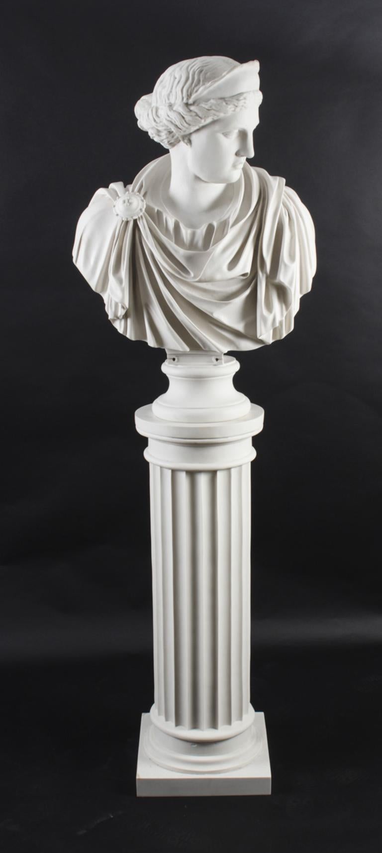 Vintage Marble Bust Roman Goddess Diana on Pedestal 20th C 13