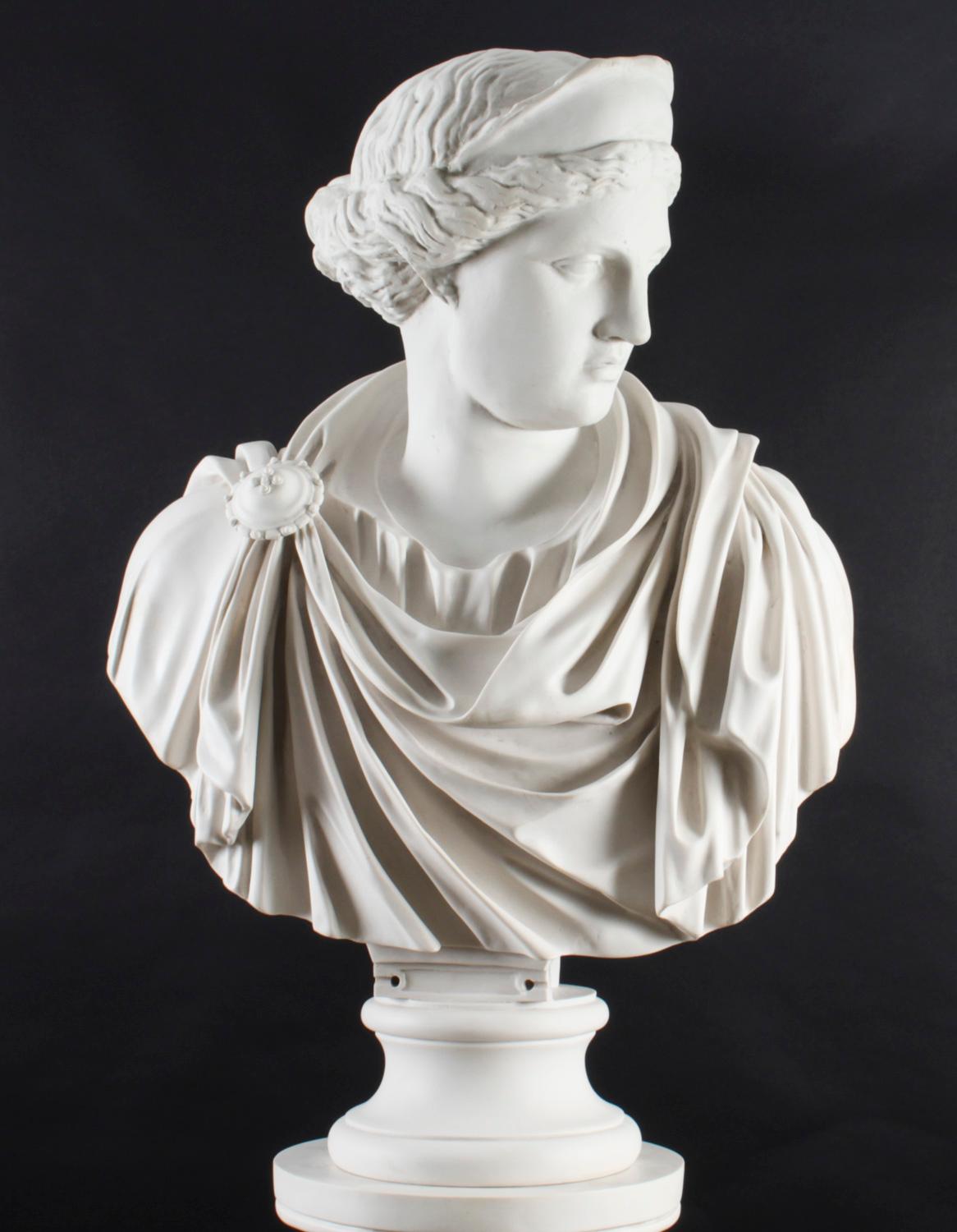 Vintage Marble Bust Roman Goddess Diana on Pedestal 20th C 1