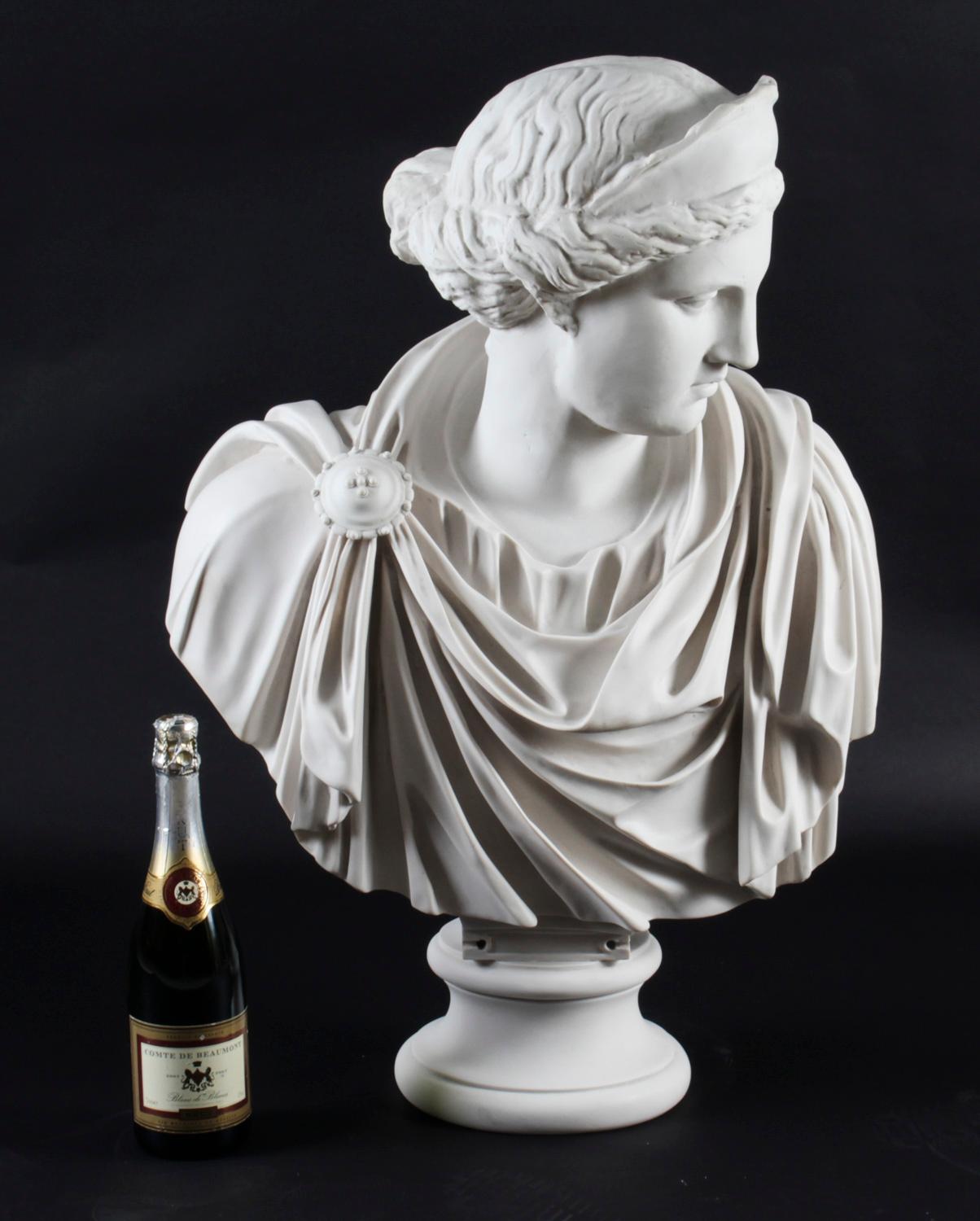 Vintage Marble Bust Roman Goddess Diana on Pedestal 20th C 2