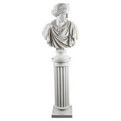 Vieux buste en marbre de la déesse romaine Diana sur piédestal 20ème siècle
