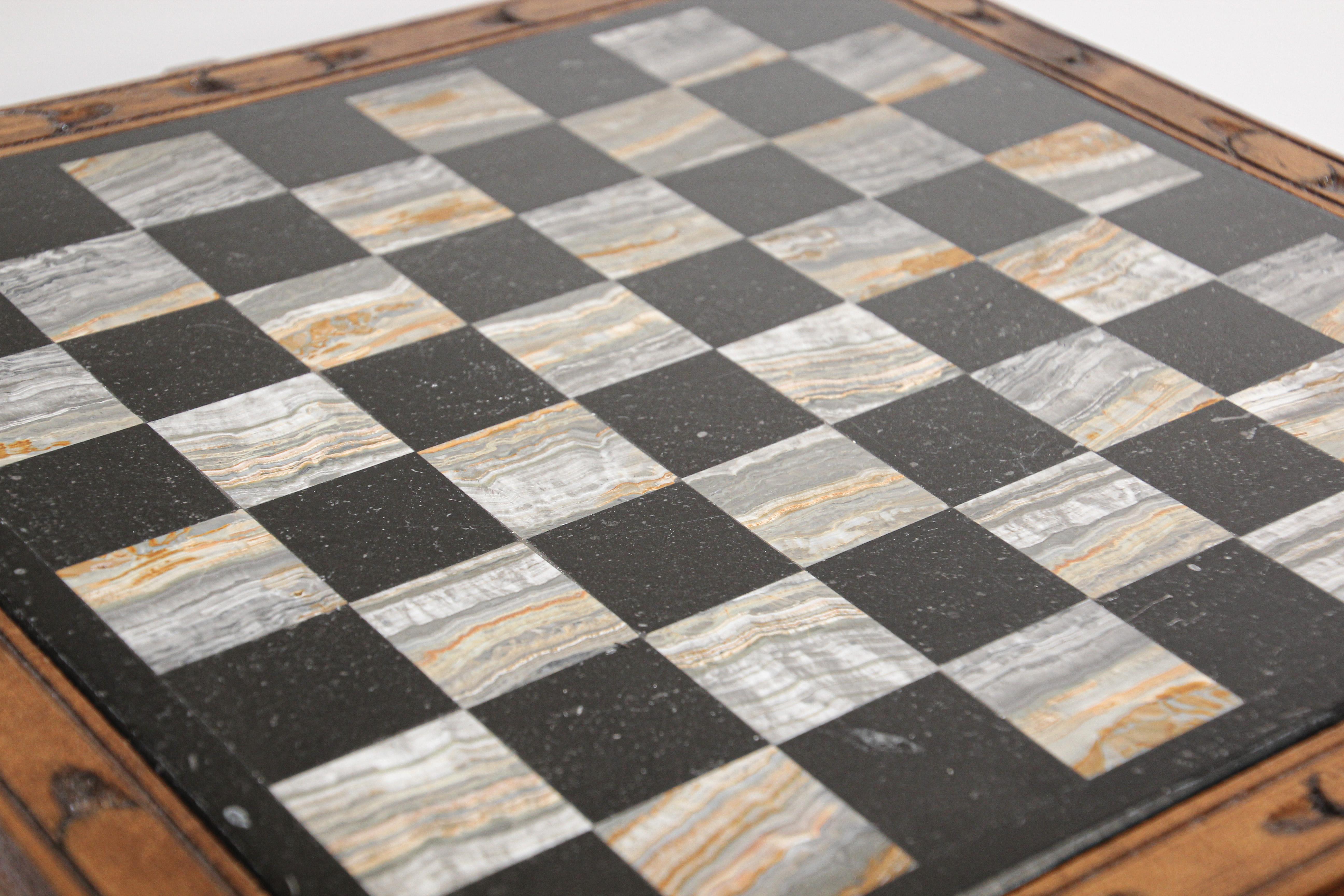 Vintage Marble Chess Board with Hand Carved Black and White Onyx Chess Pieces 1