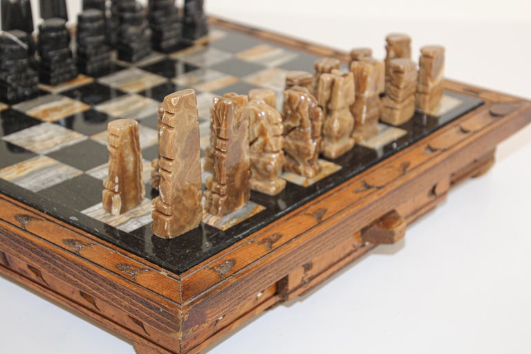 Vintage Marble Chess Board with Hand Carved Black and White Onyx Chess