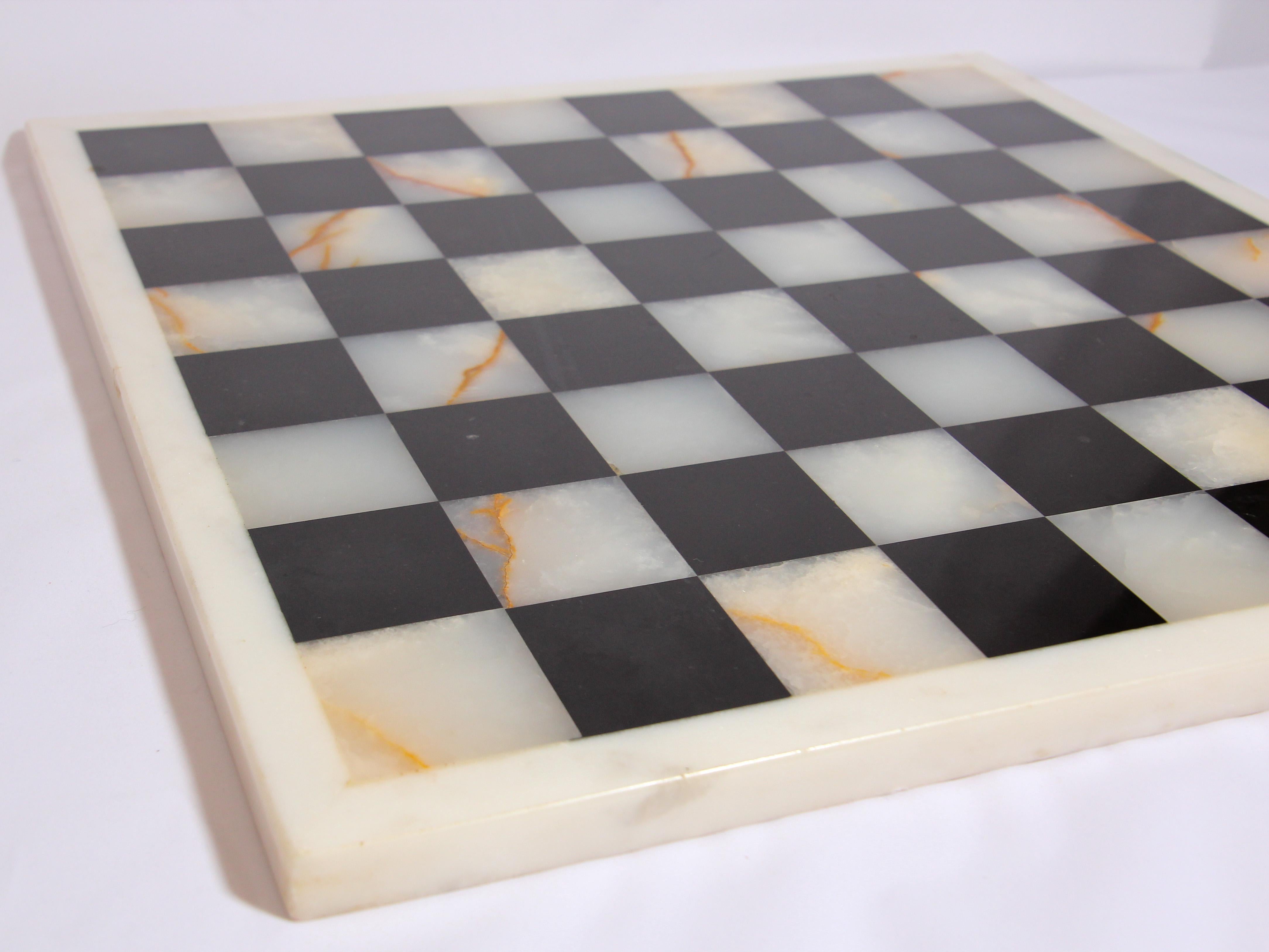 Mid-Century Modern Vintage Marble Chess Board with Hand Carved Black and White Onyx Chess Pieces