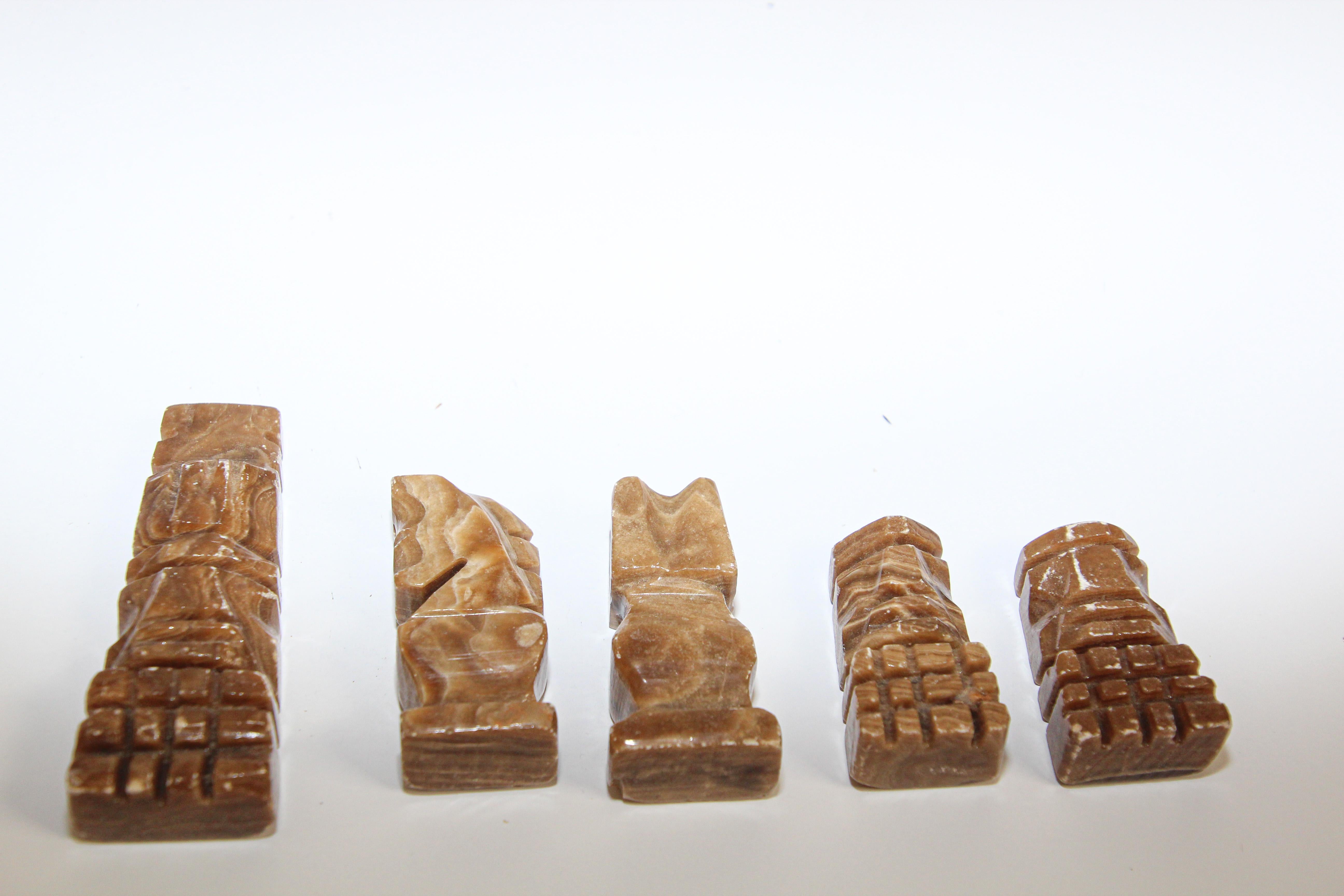 Mid-Century Modern Vintage Marble Chess Board with Hand Carved Black and White Onyx Chess Pieces
