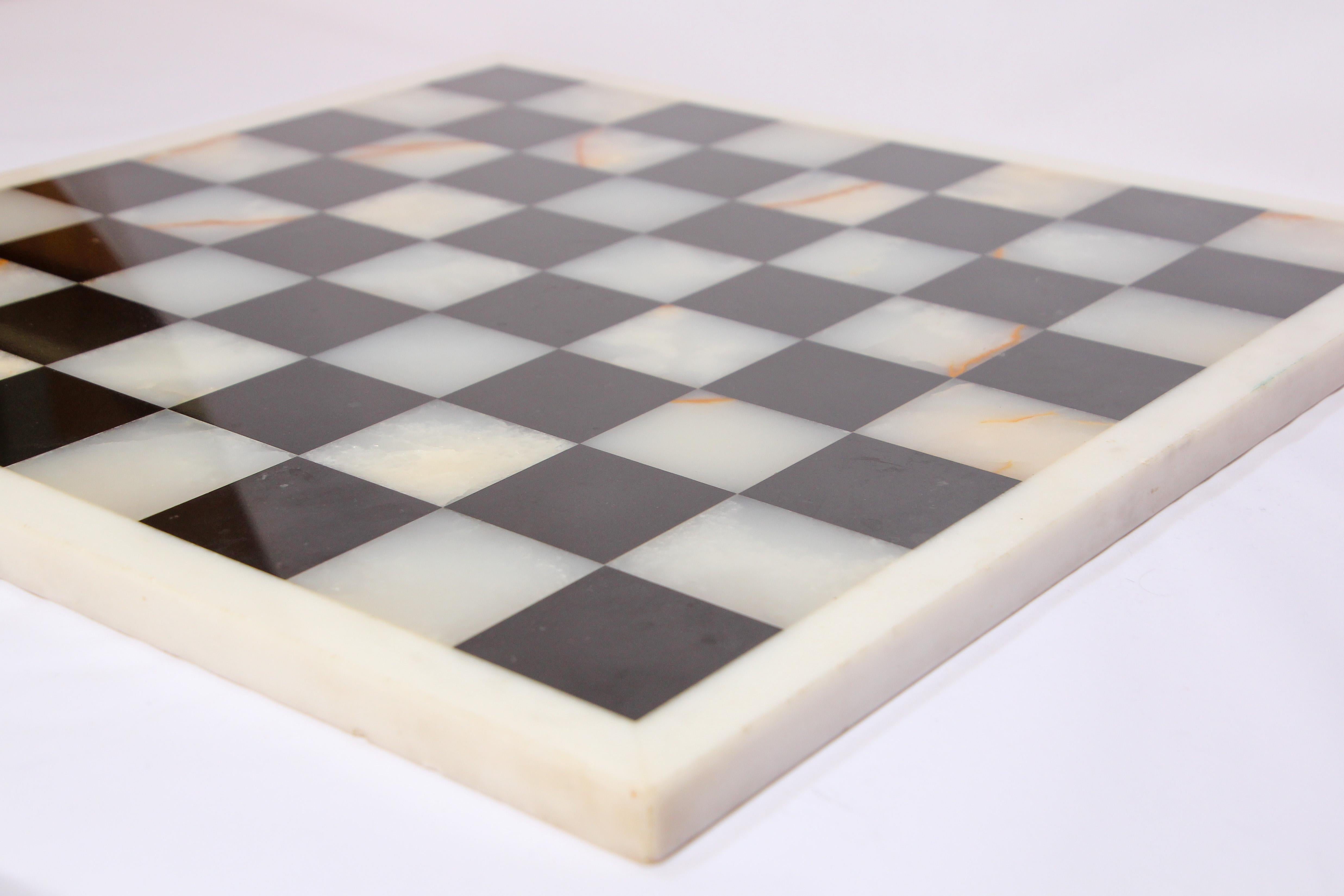 Italian Vintage Marble Chess Board with Hand Carved Black and White Onyx Chess Pieces