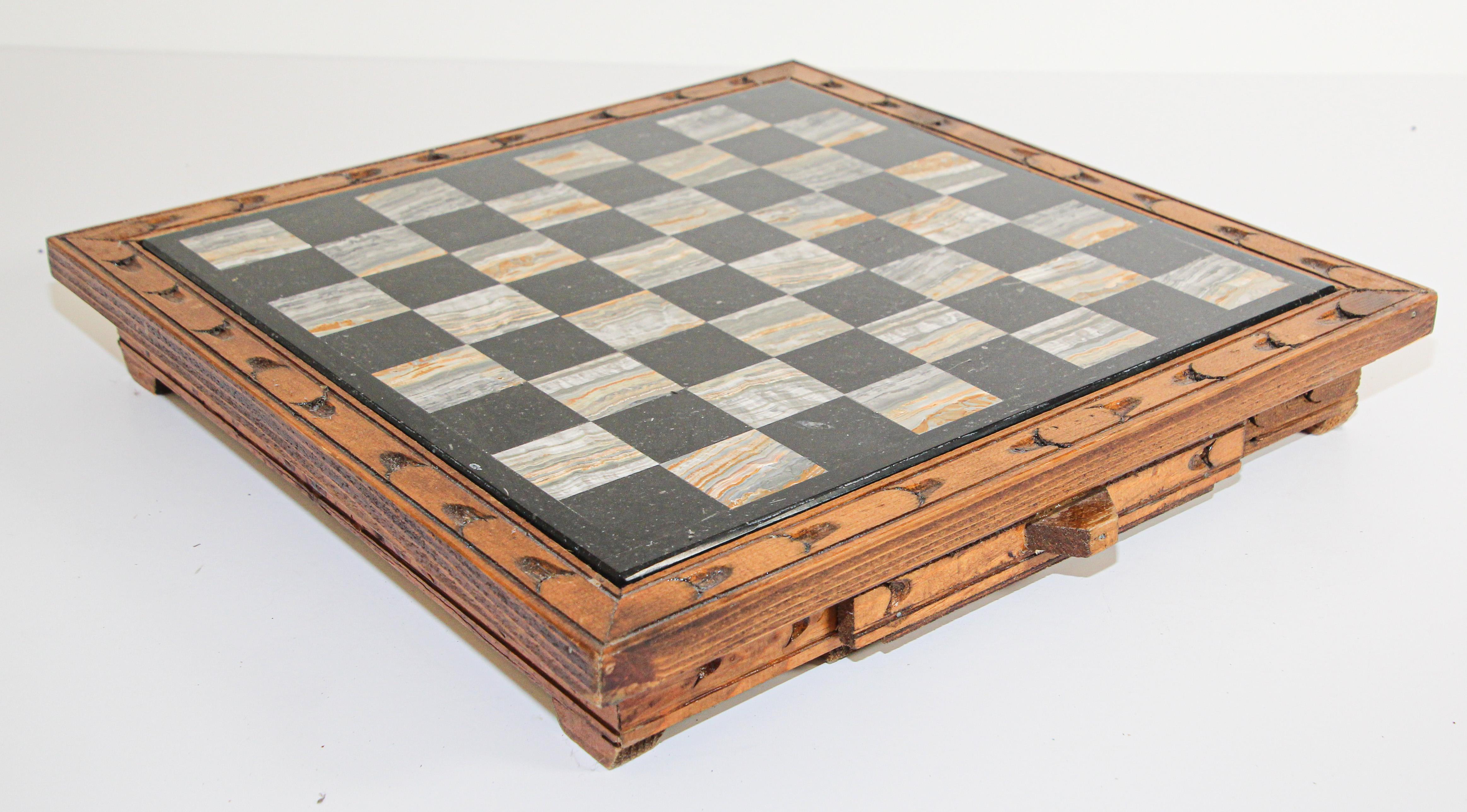 Hand-Carved Vintage Marble Chess Board with Hand Carved Black and White Onyx Chess Pieces
