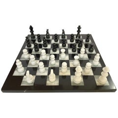 Vintage Marble Chess Board with Hand Carved Black and White Onyx Chess Pieces