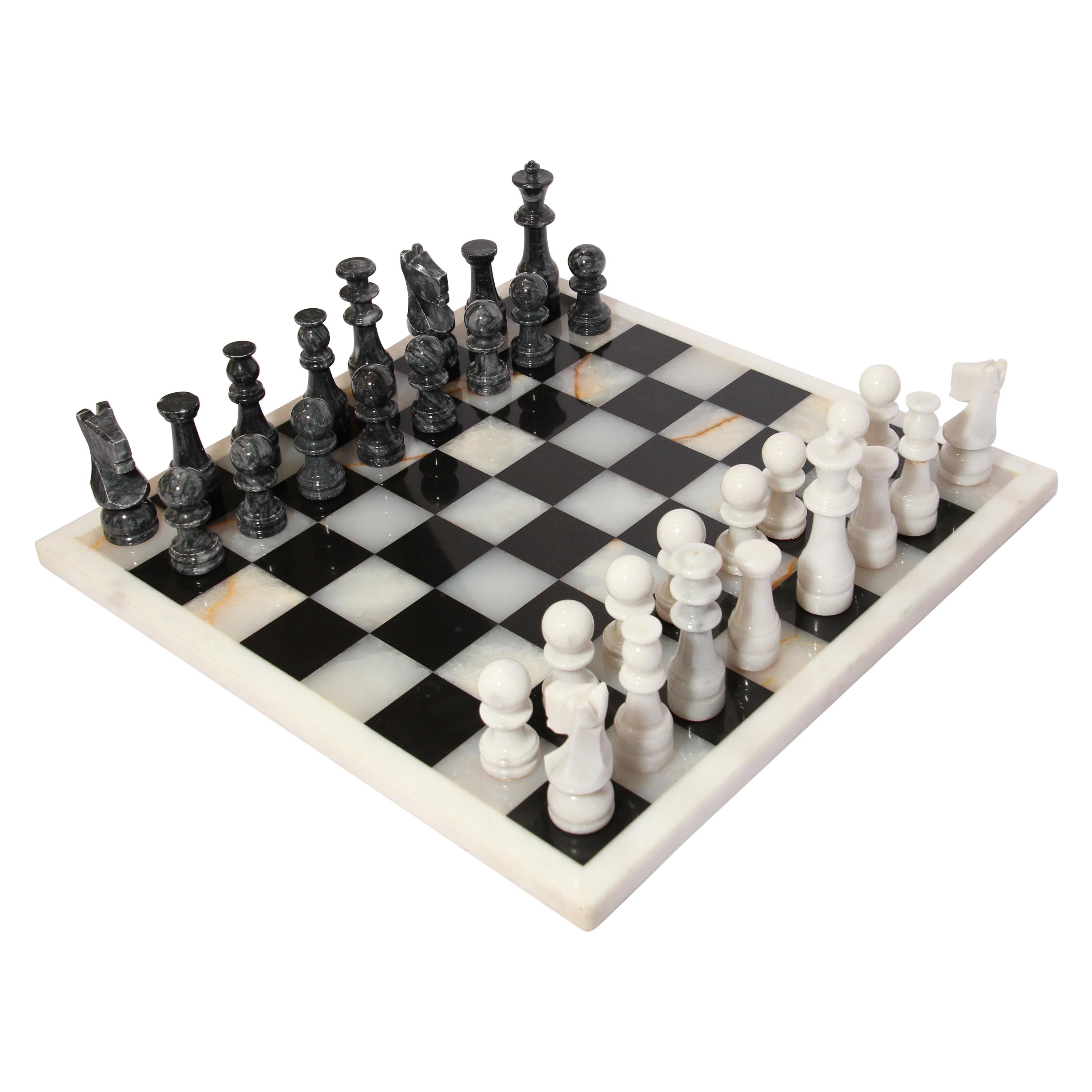Vintage Marble Chess Board with Hand Carved Black and White Onyx Chess Pieces