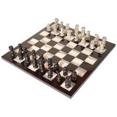 Vintage Marble Chess Board with Hand Carved Black and White Onyx Chess Pieces