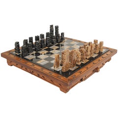 Vintage Marble Chess Board with Hand Carved Black and White Onyx Chess Pieces