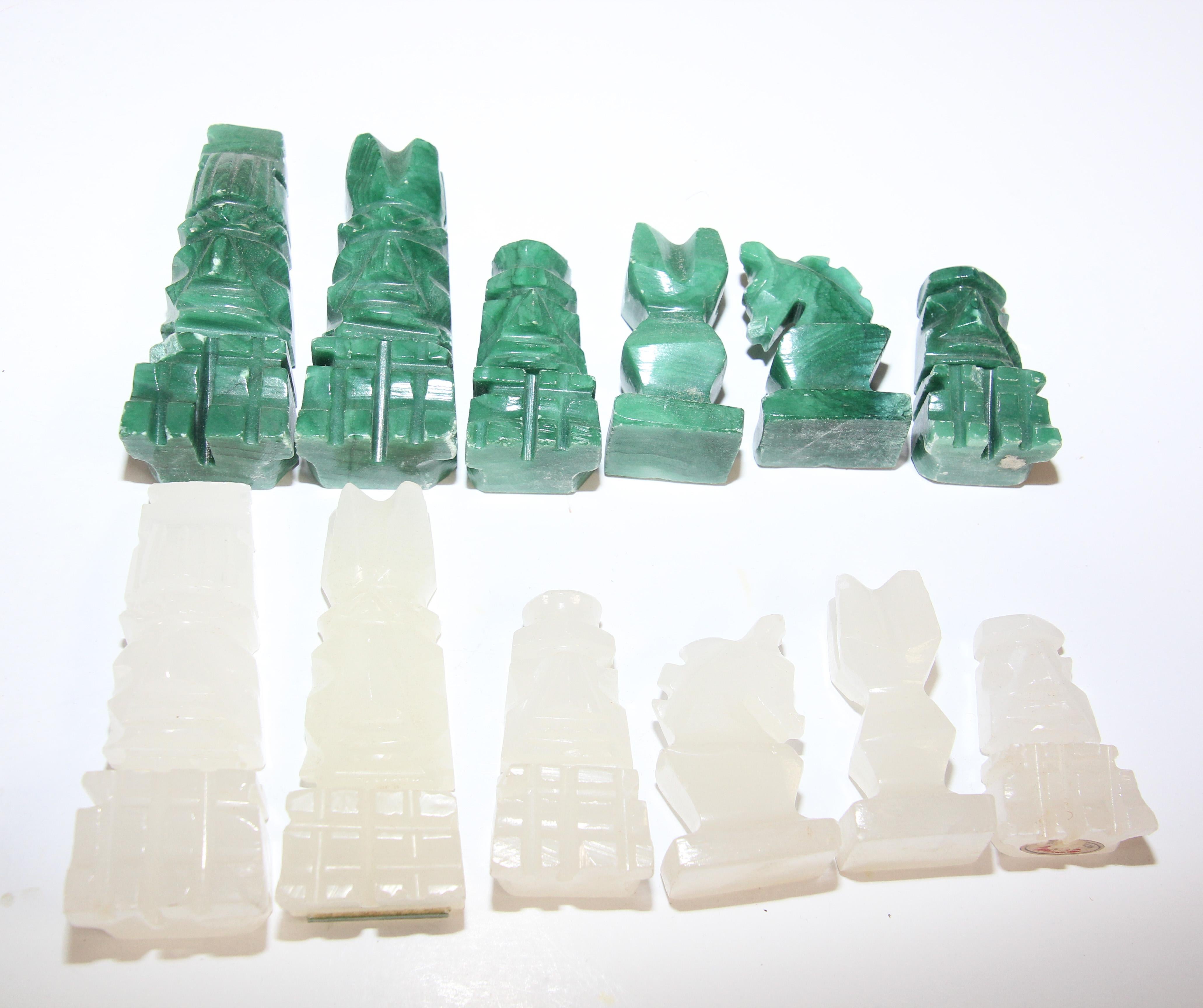 20th Century Vintage Marble Chess Board with Hand Carved Green and White Onyx Chess Pieces