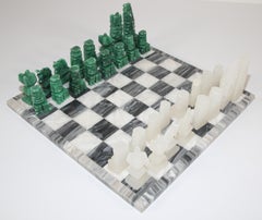 Vintage Marble Chess Board with Hand Carved Green and White Onyx Chess Pieces