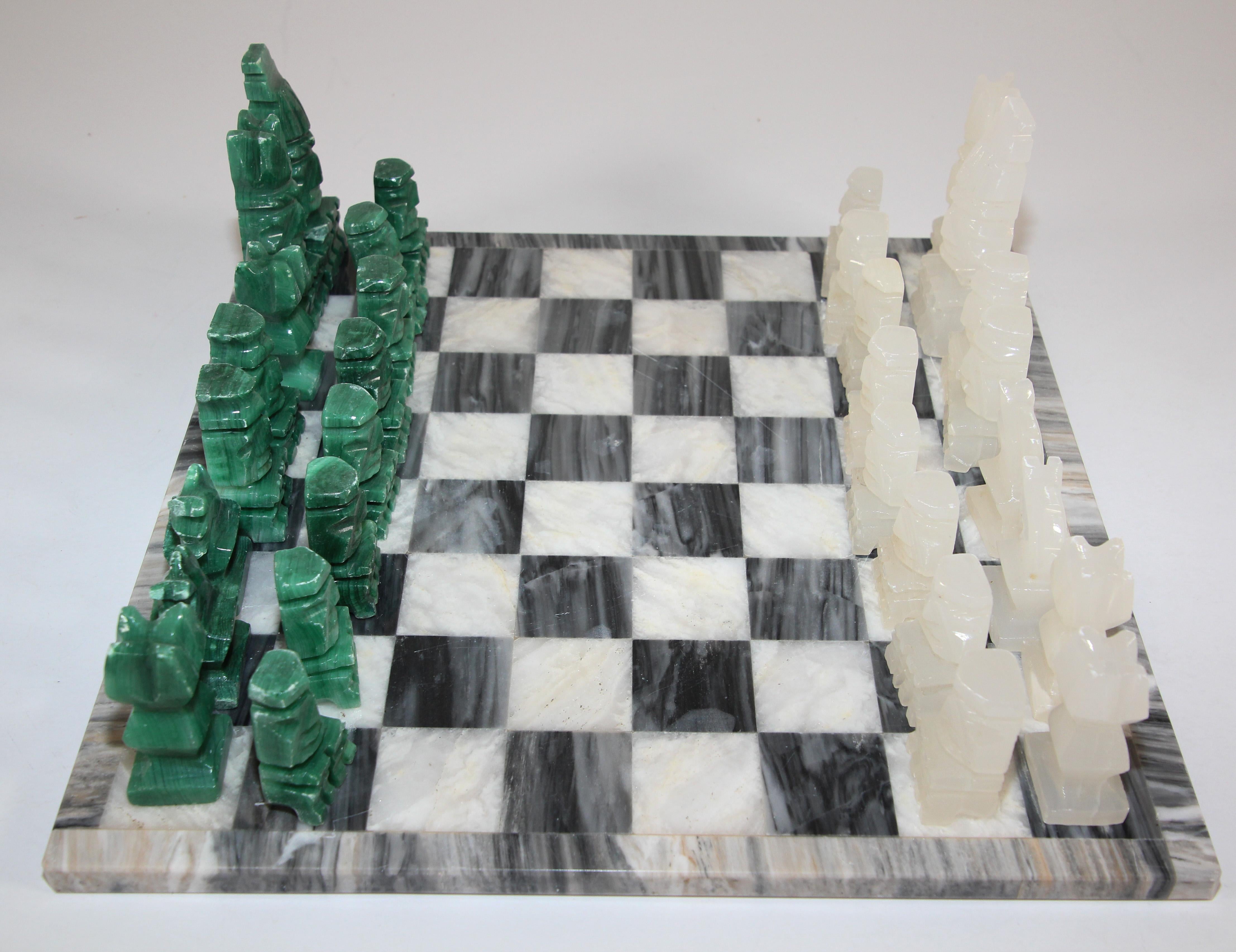 Mid-Century Modern Vintage Marble Chess Board with Hand Carved Green and White Onyx Chess Pieces