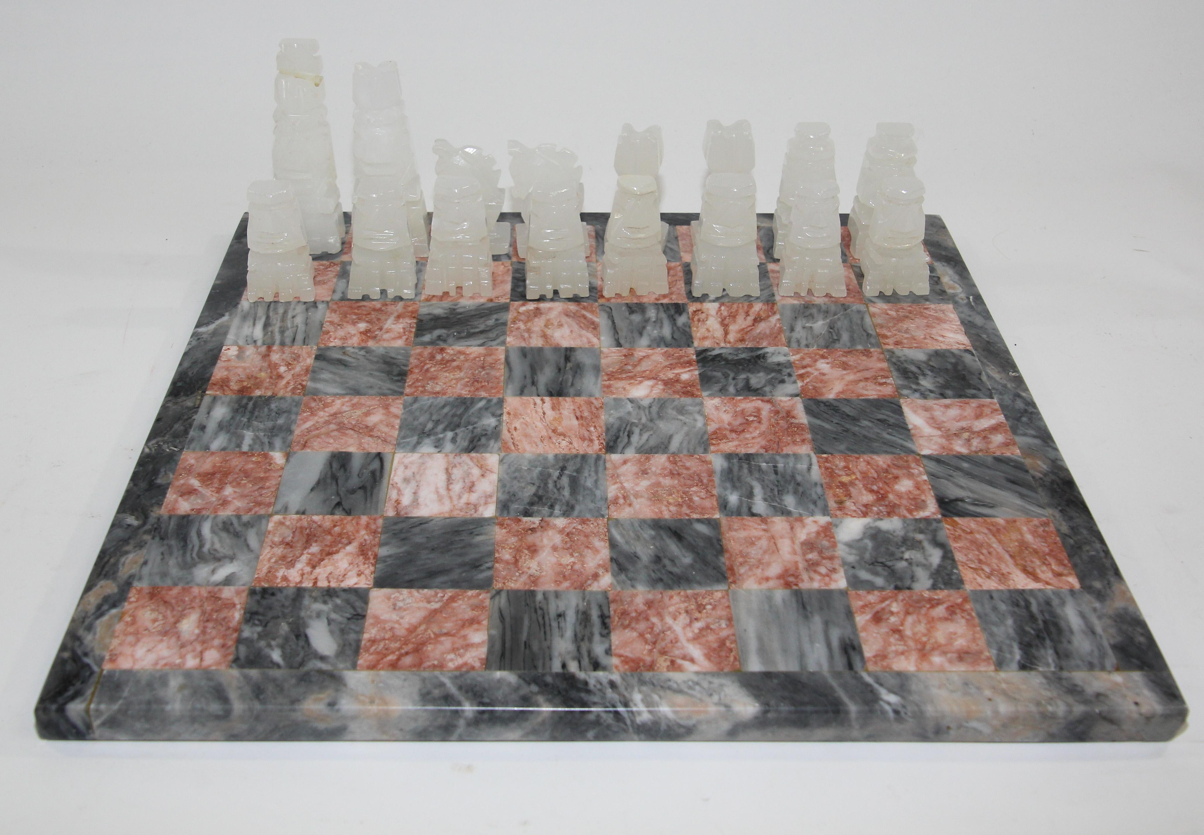 Late 20th Century Vintage Marble Chess Board with Hand Carved Onyx Pieces