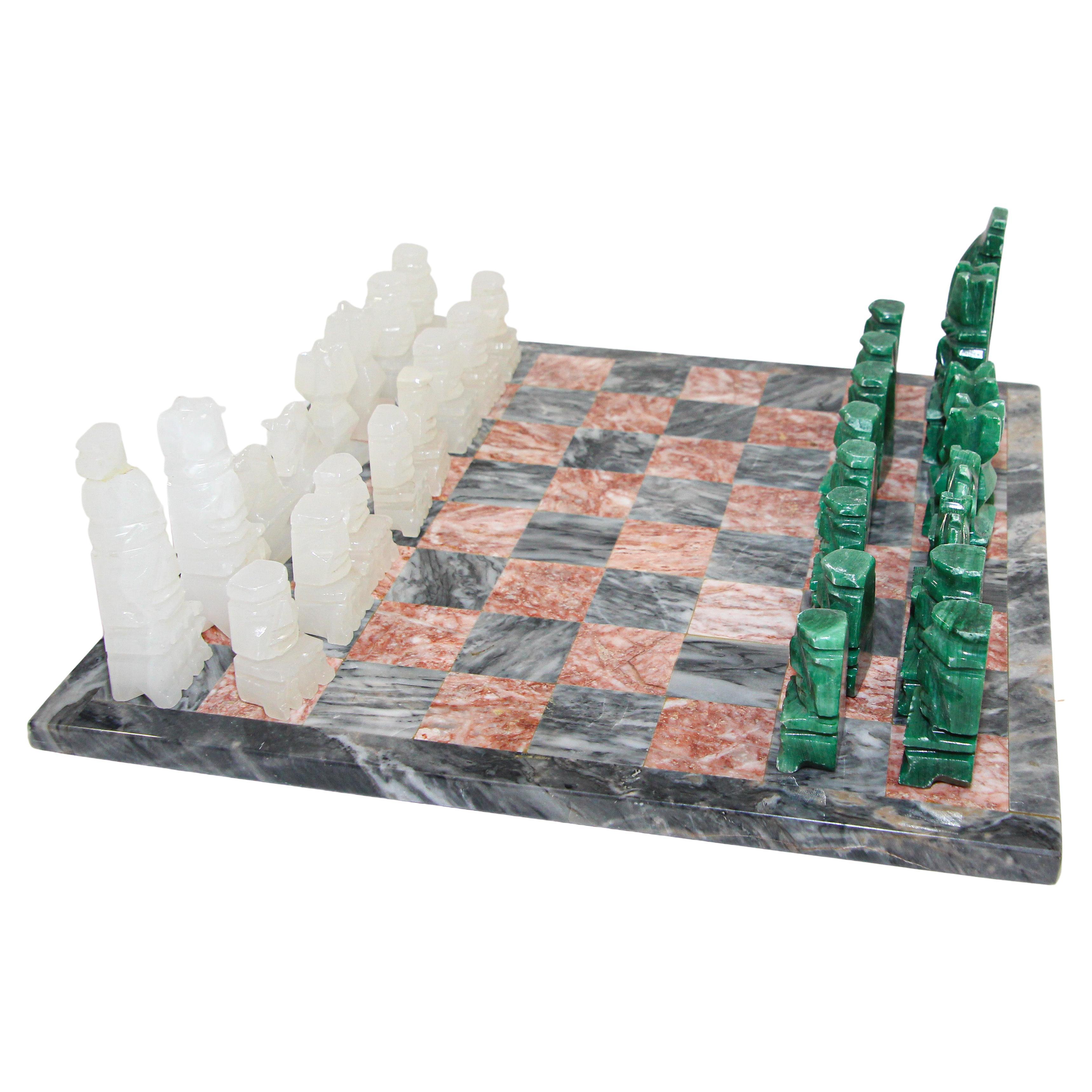 Vintage Marble Chess Board with Hand Carved Onyx Pieces
