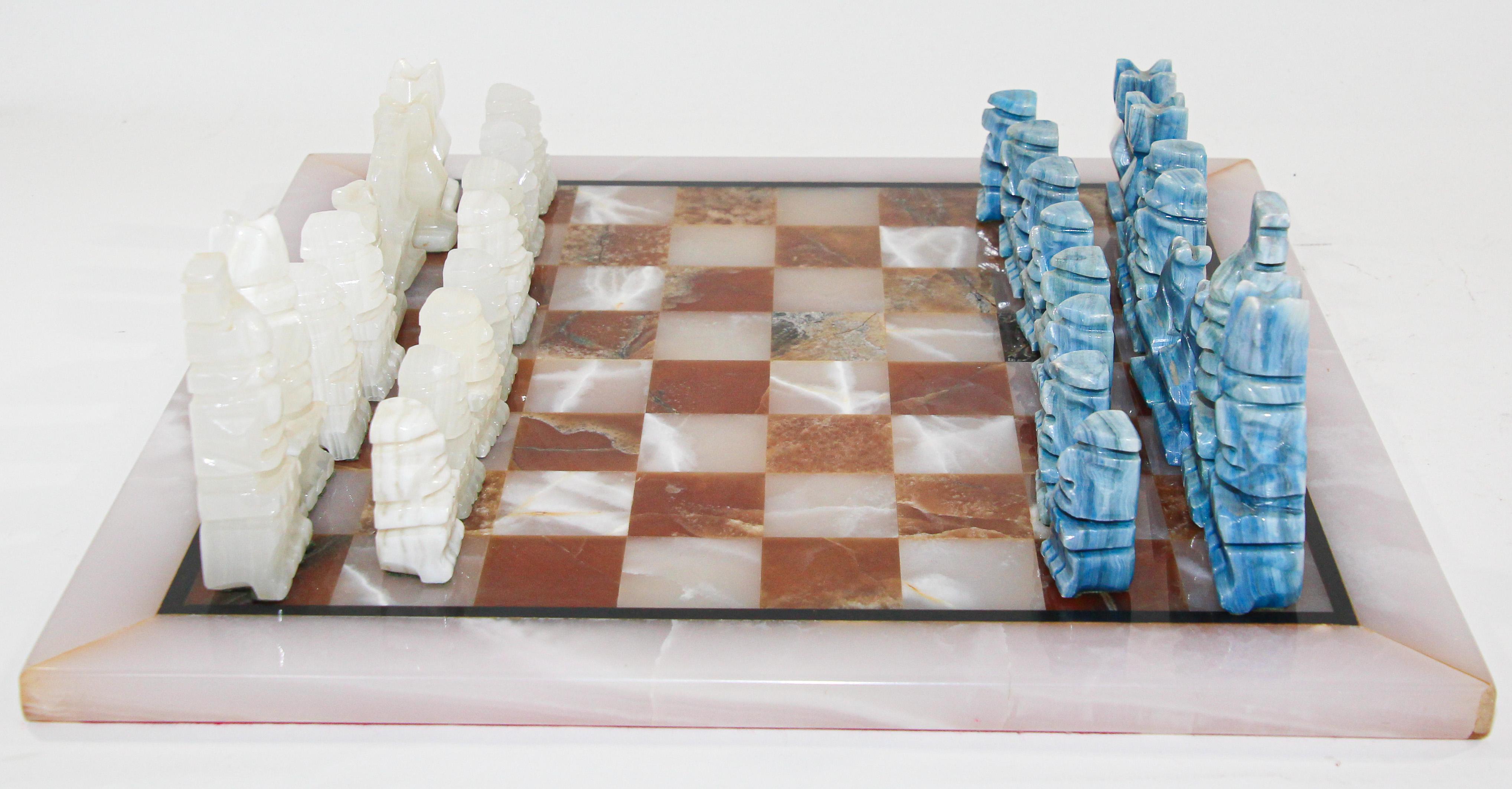 Vintage Marble Chess Board with Hand Carved Turquoise Onyx Pieces 2