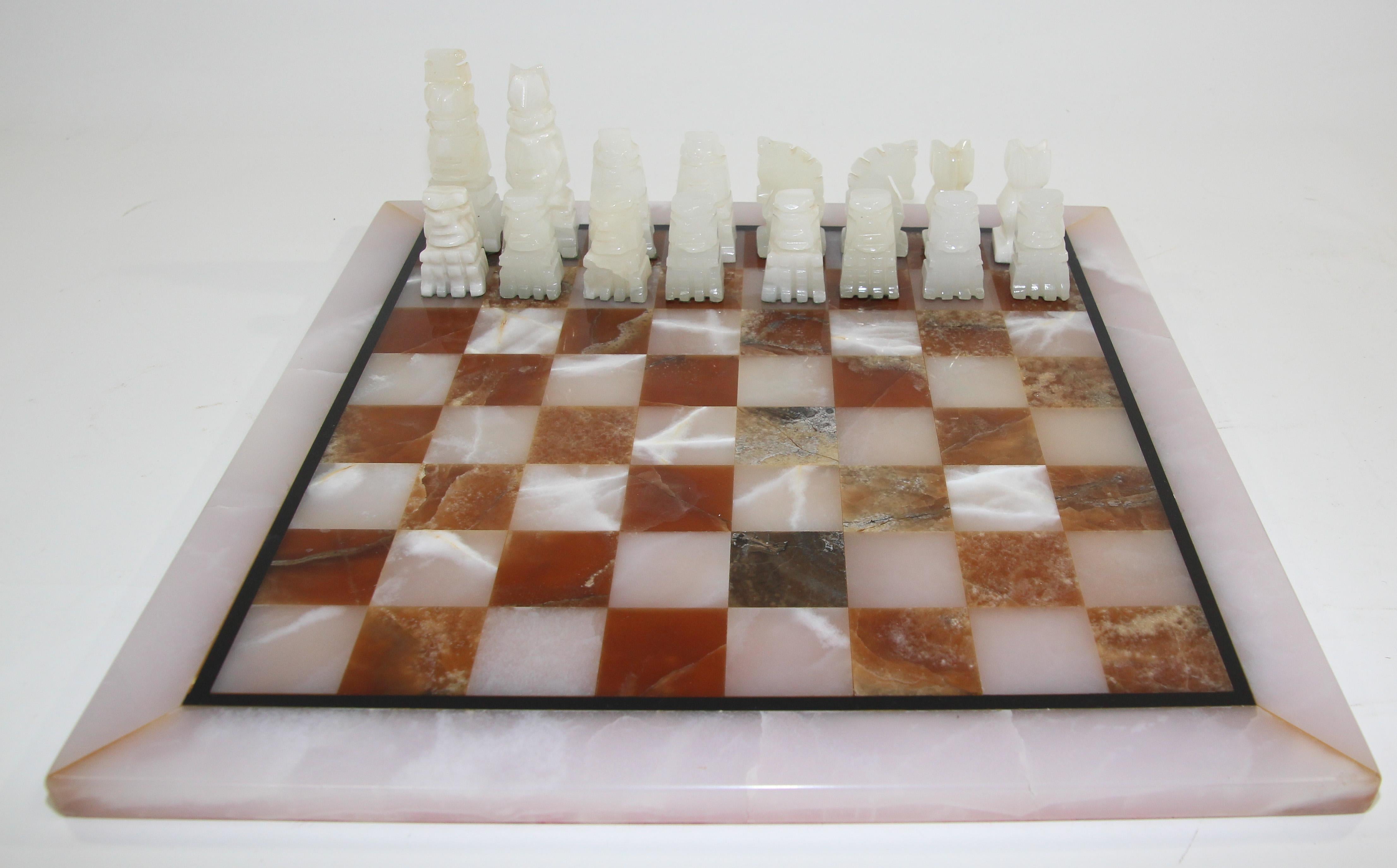 North American Vintage Marble Chess Board with Hand Carved Turquoise Onyx Pieces