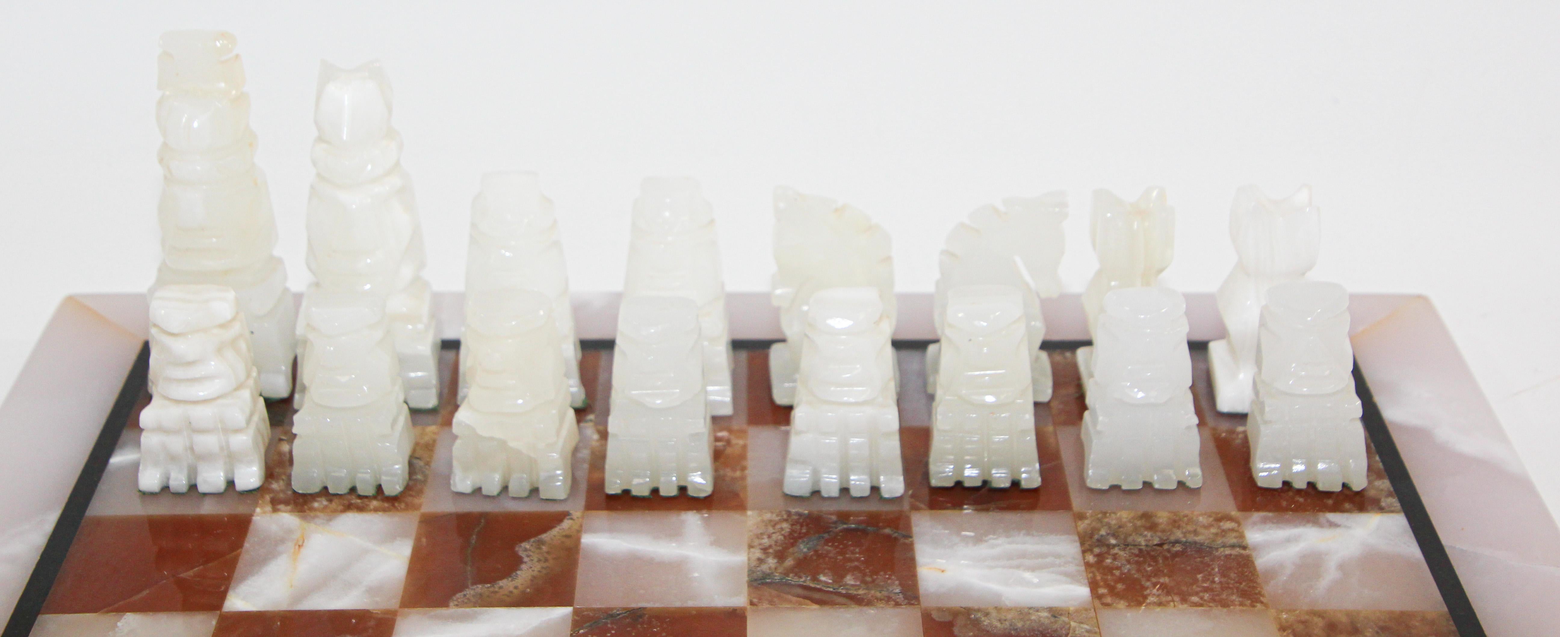 Hand-Carved Vintage Marble Chess Board with Hand Carved Turquoise Onyx Pieces