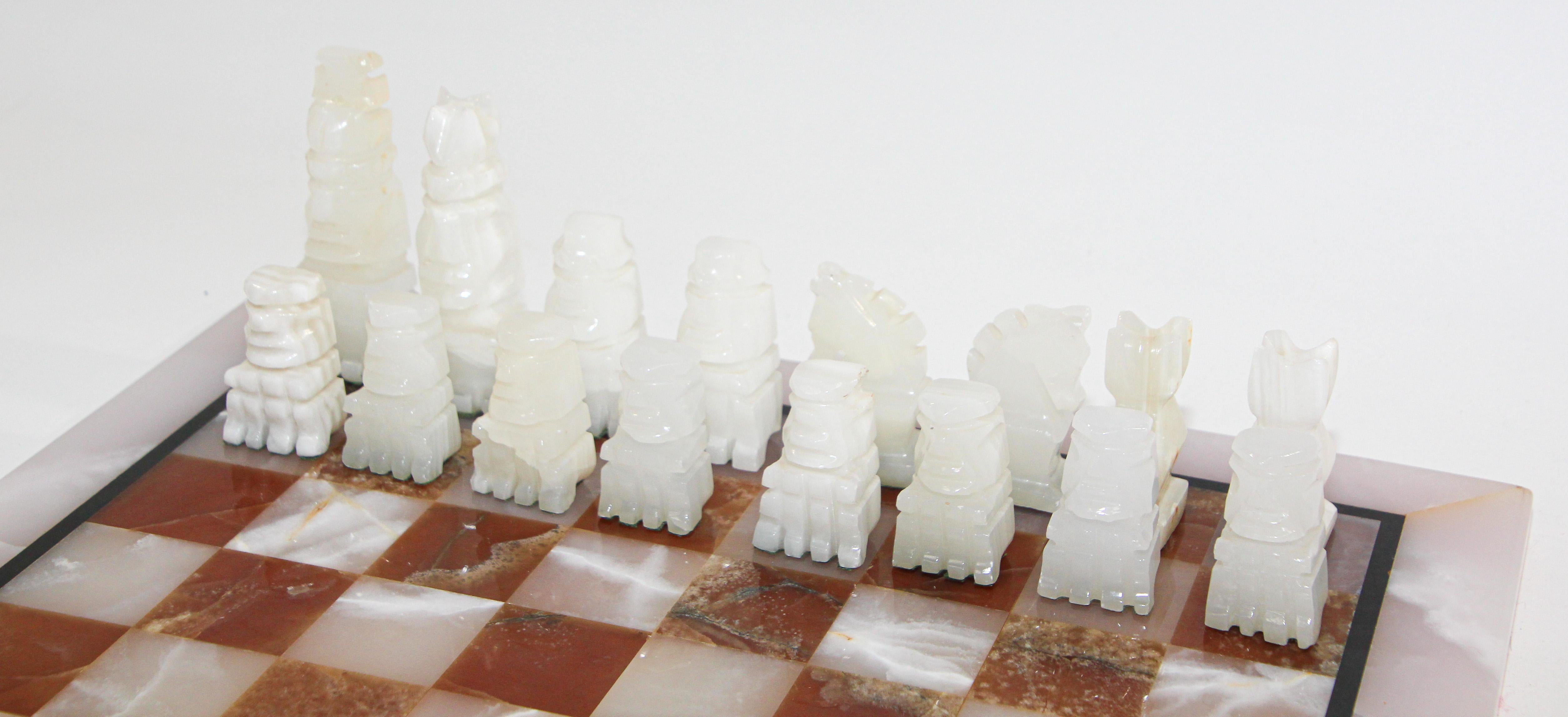 Vintage Marble Chess Board with Hand Carved Turquoise Onyx Pieces In Good Condition In North Hollywood, CA