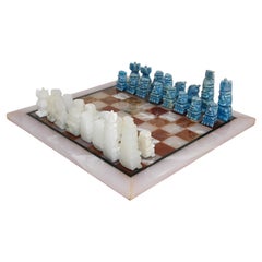 Vintage Marble Chess Board with Hand Carved Turquoise Onyx Pieces