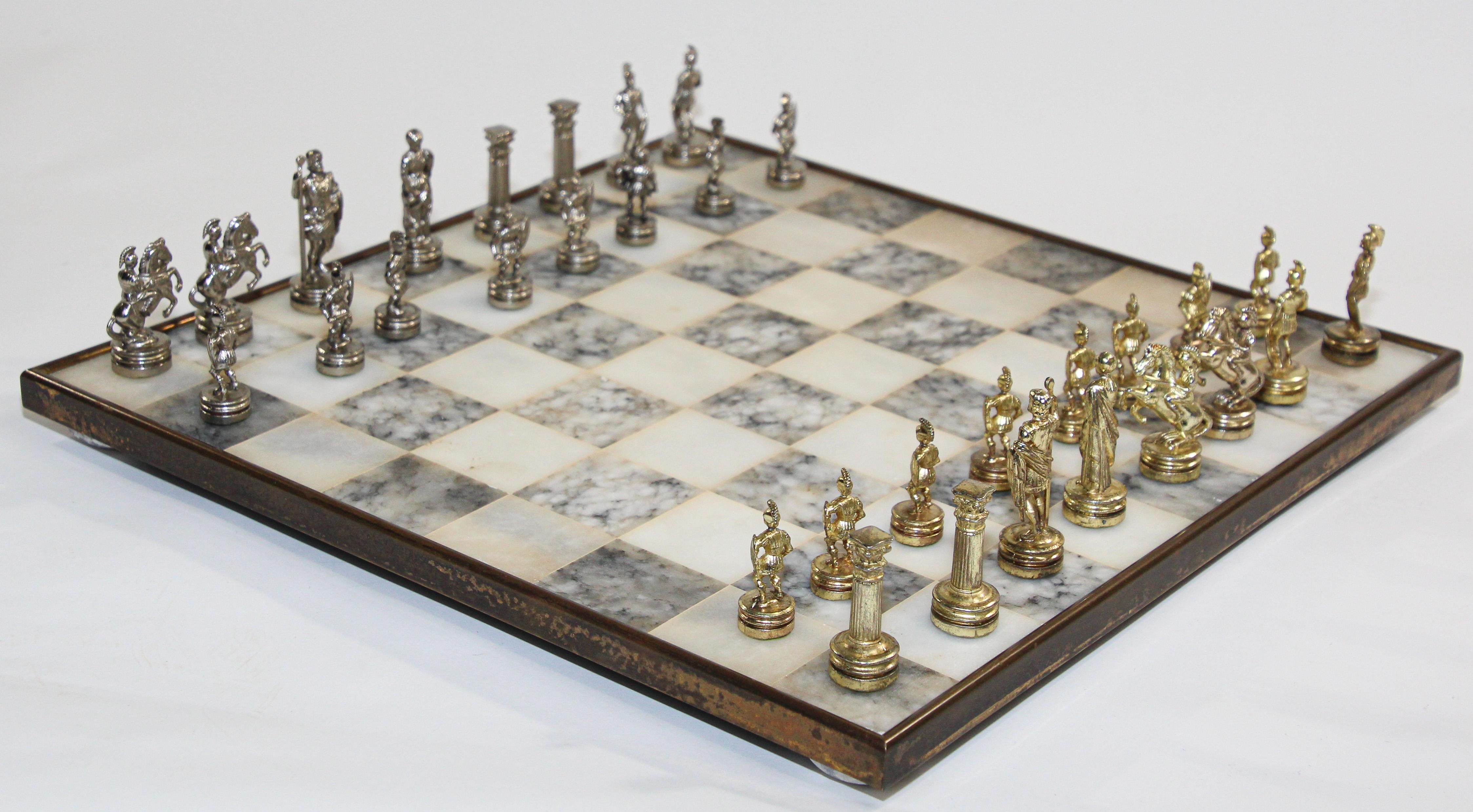 Vintage Marble Chess Board with Metal Greek against Roman Chess Pieces 2