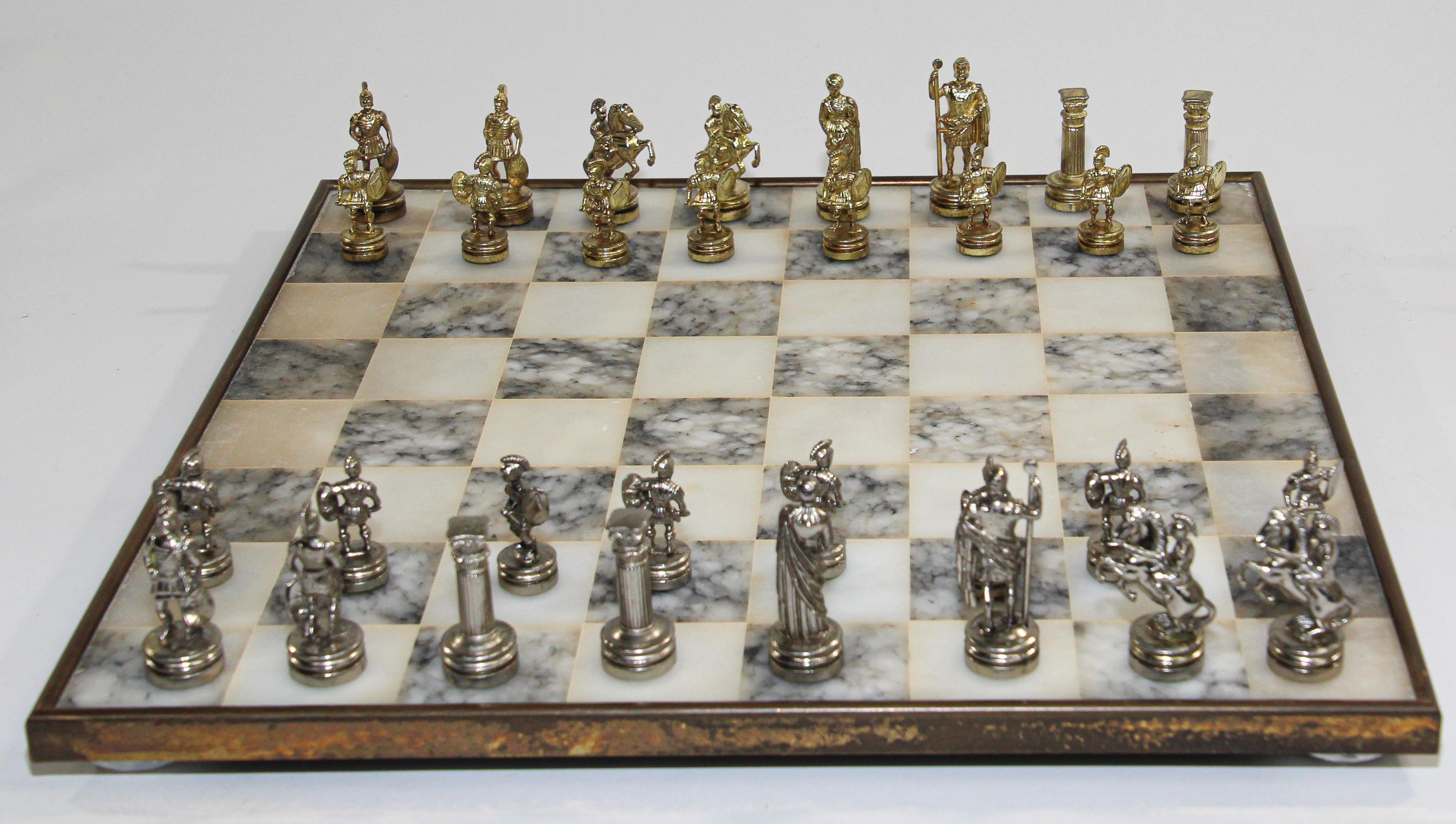 Mid-Century Modern Vintage Marble Chess Board with Metal Greek against Roman Chess Pieces