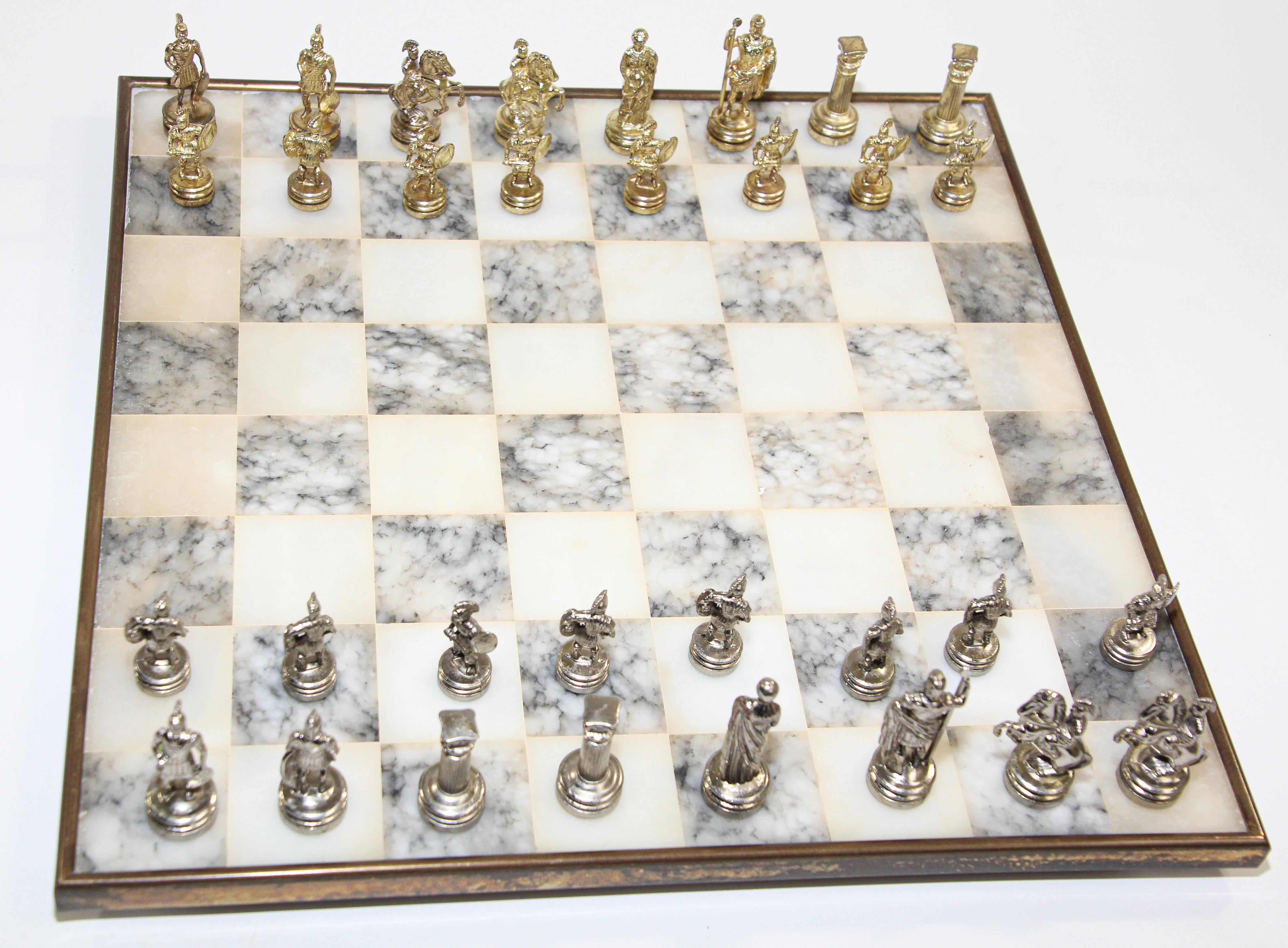 Italian Vintage Marble Chess Board with Metal Greek against Roman Chess Pieces