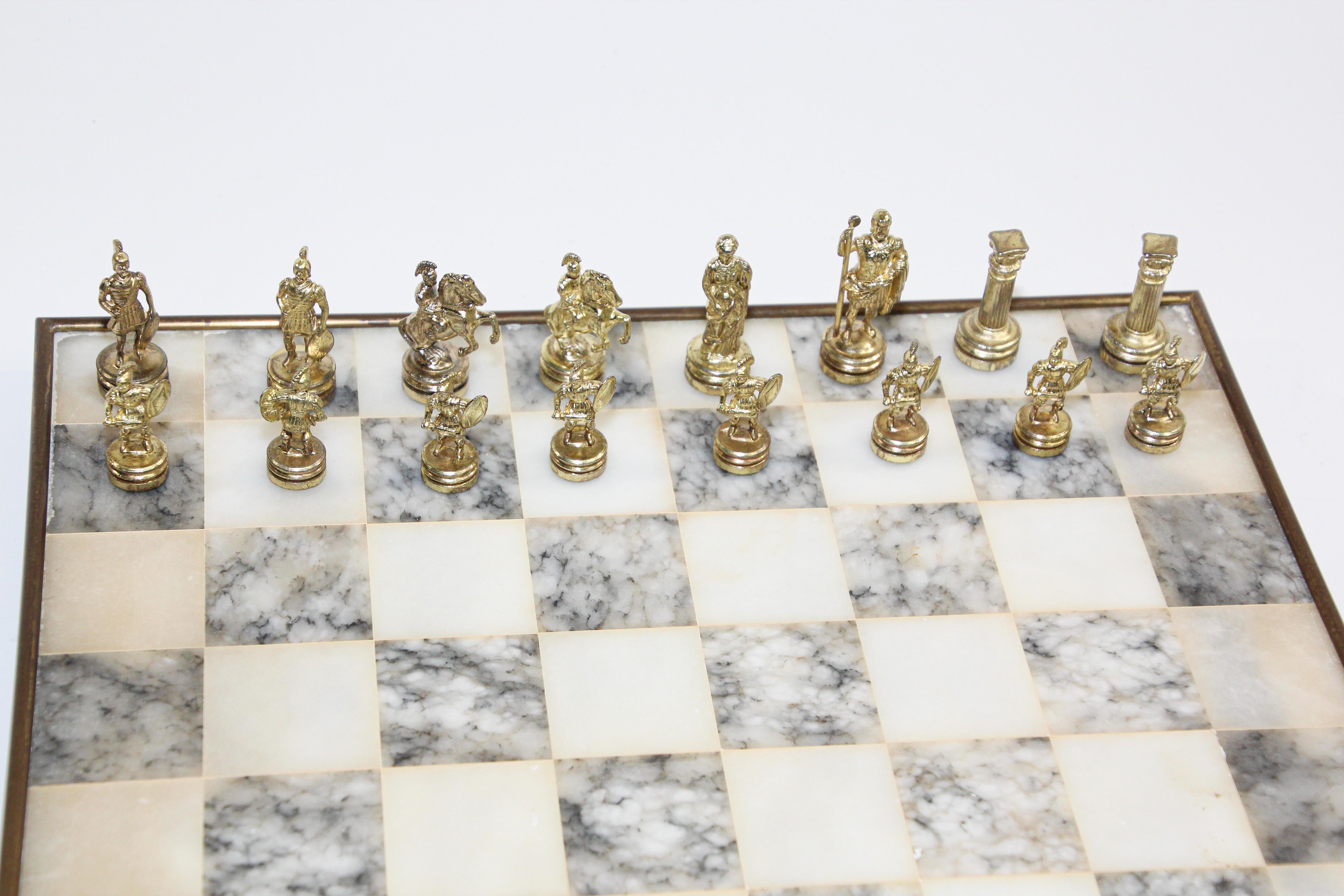 Hand-Crafted Vintage Marble Chess Board with Metal Greek against Roman Chess Pieces